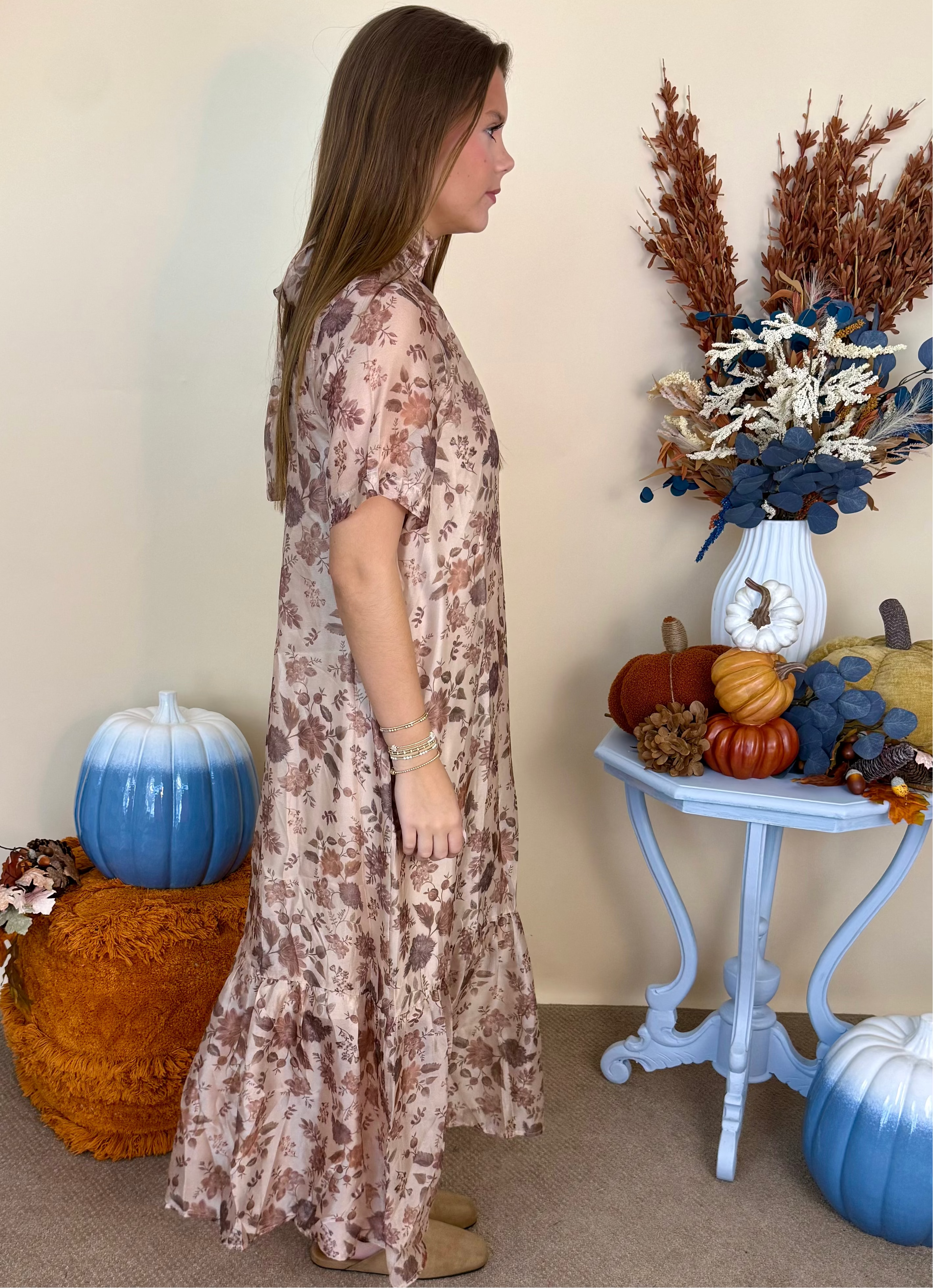 Little Secret Taupe Floral Back Tie Sheer Maxi Dress-Shop-Womens-Boutique-Clothing