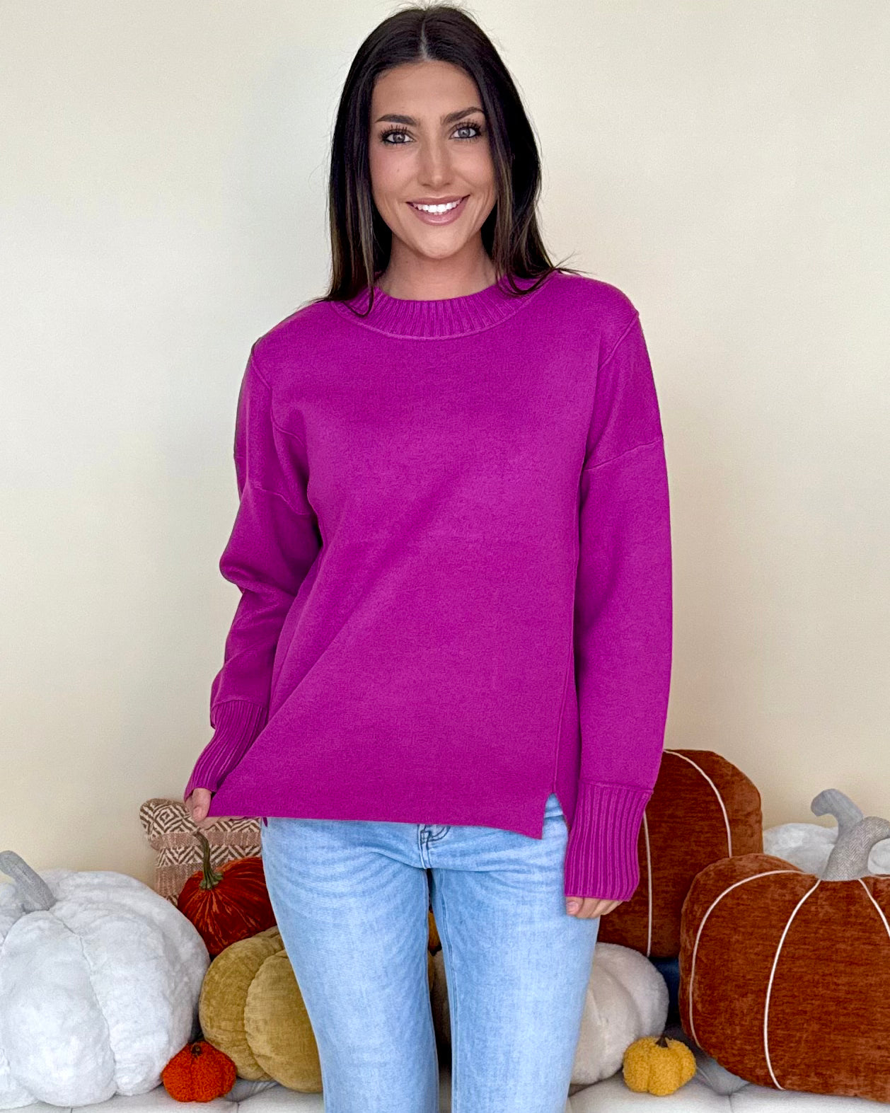 Just A Feeling Magenta Mock Neck Sweater-Shop-Womens-Boutique-Clothing