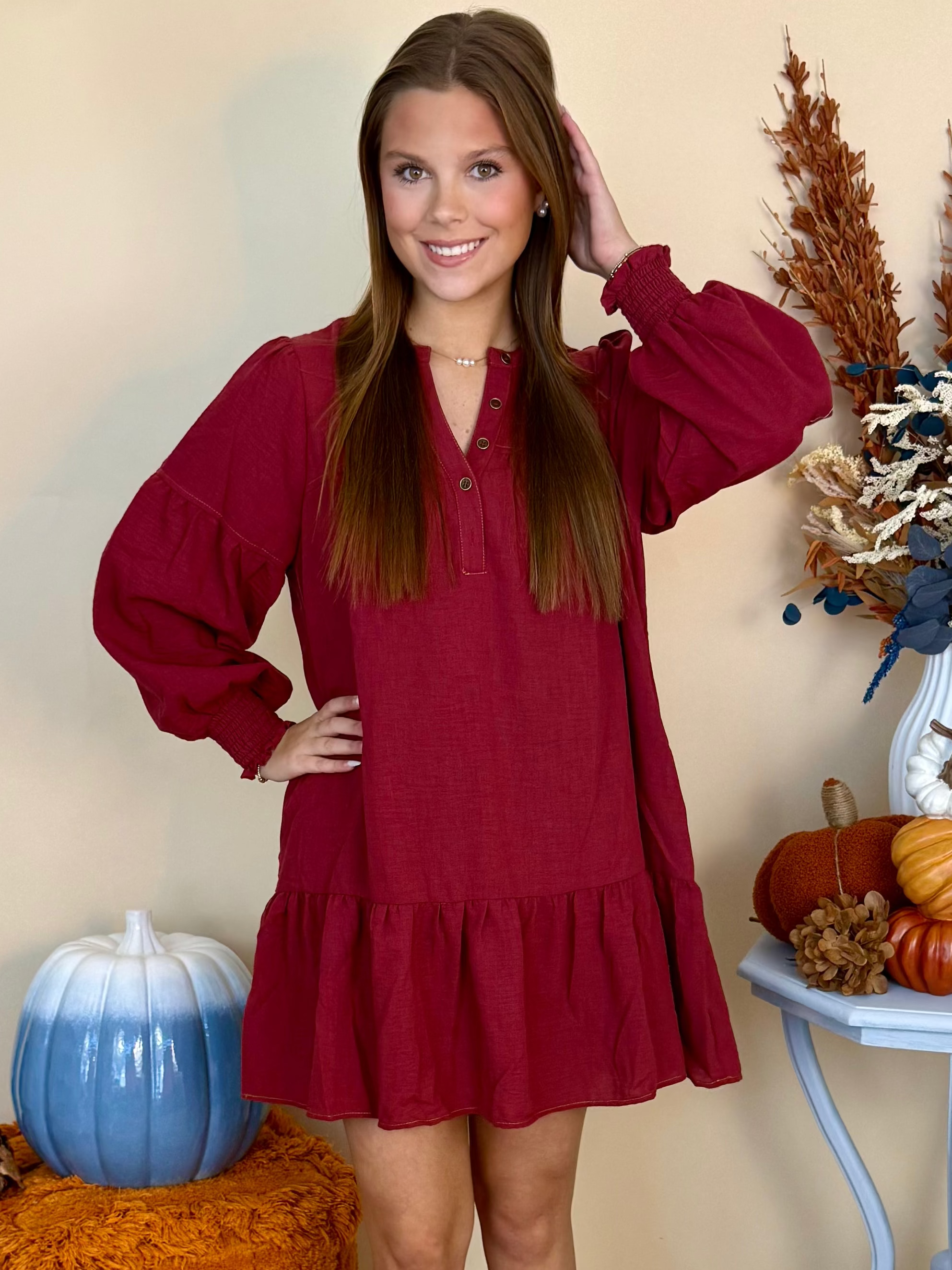 Everyday Must Wine Solid V-Neck Dress-Shop-Womens-Boutique-Clothing