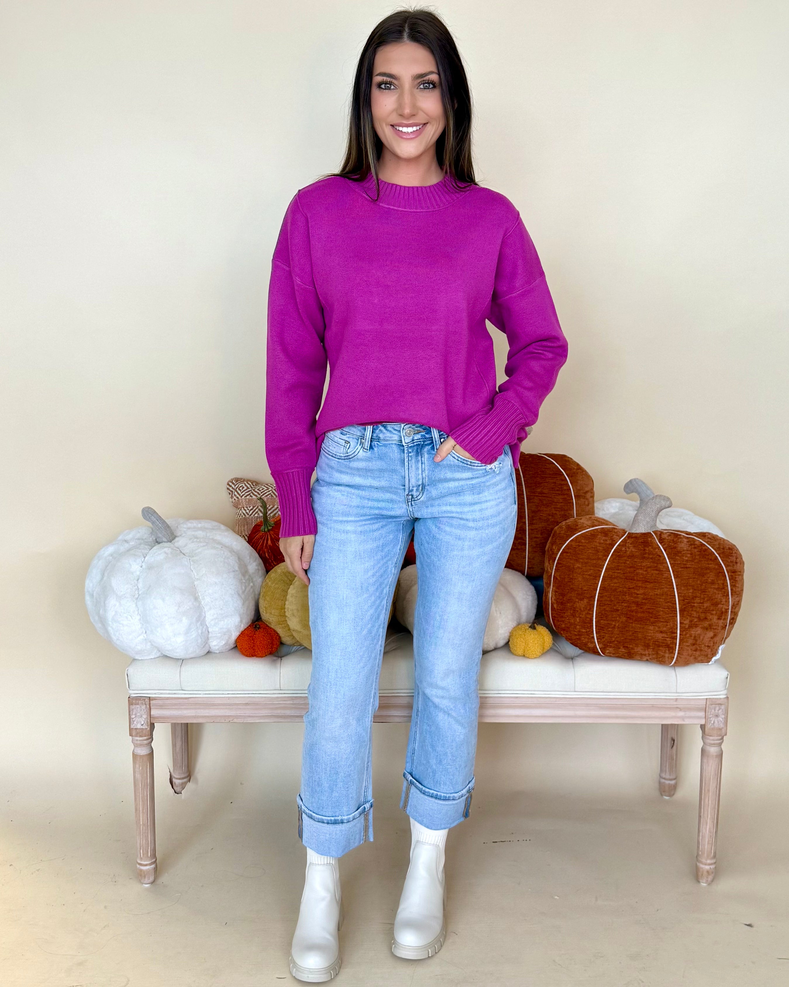 Just A Feeling Magenta Mock Neck Sweater-Shop-Womens-Boutique-Clothing