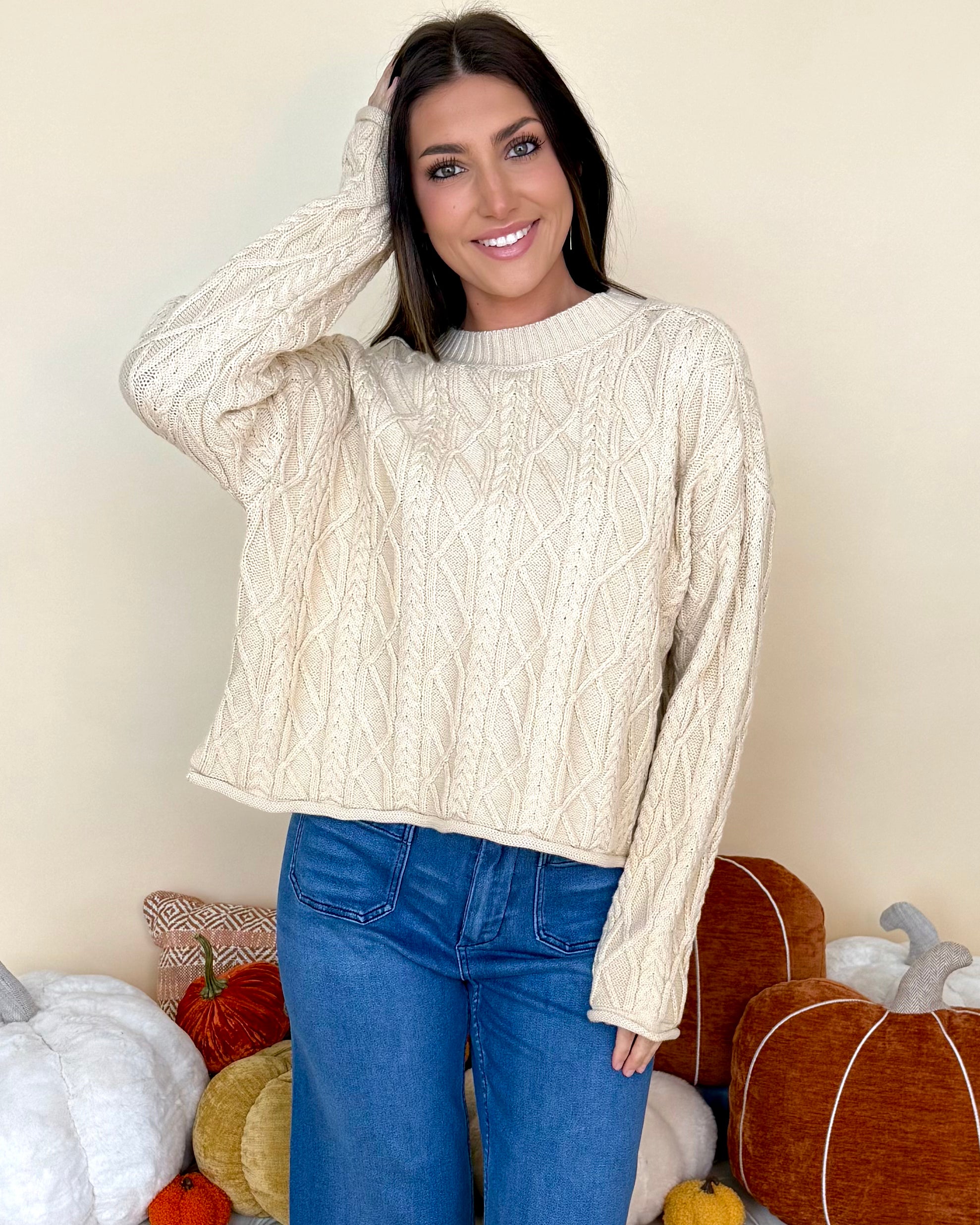 Feeling Your Best Natural Cable Knit Sweater-Shop-Womens-Boutique-Clothing
