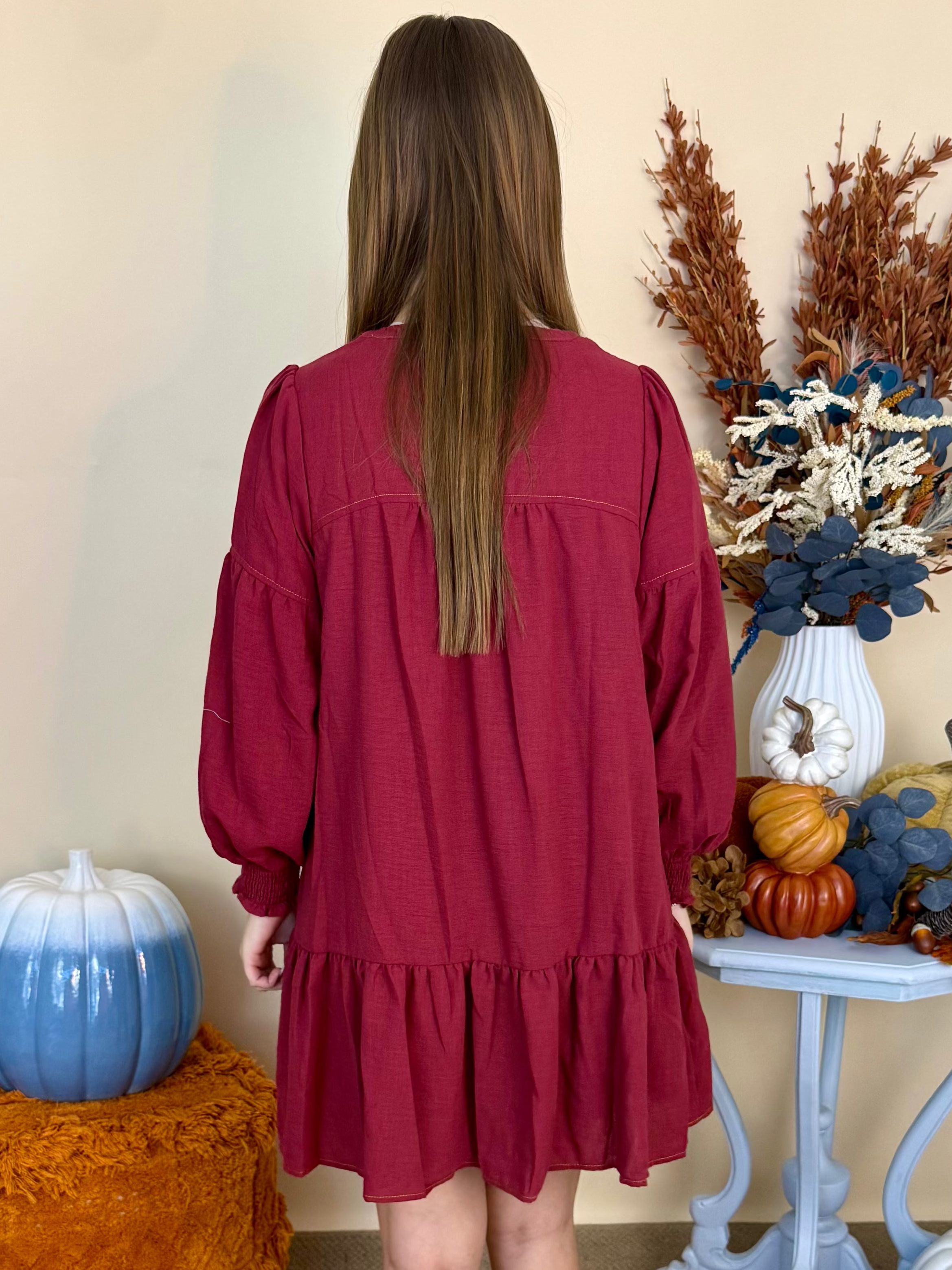 Everyday Must Wine Solid V-Neck Dress-Shop-Womens-Boutique-Clothing