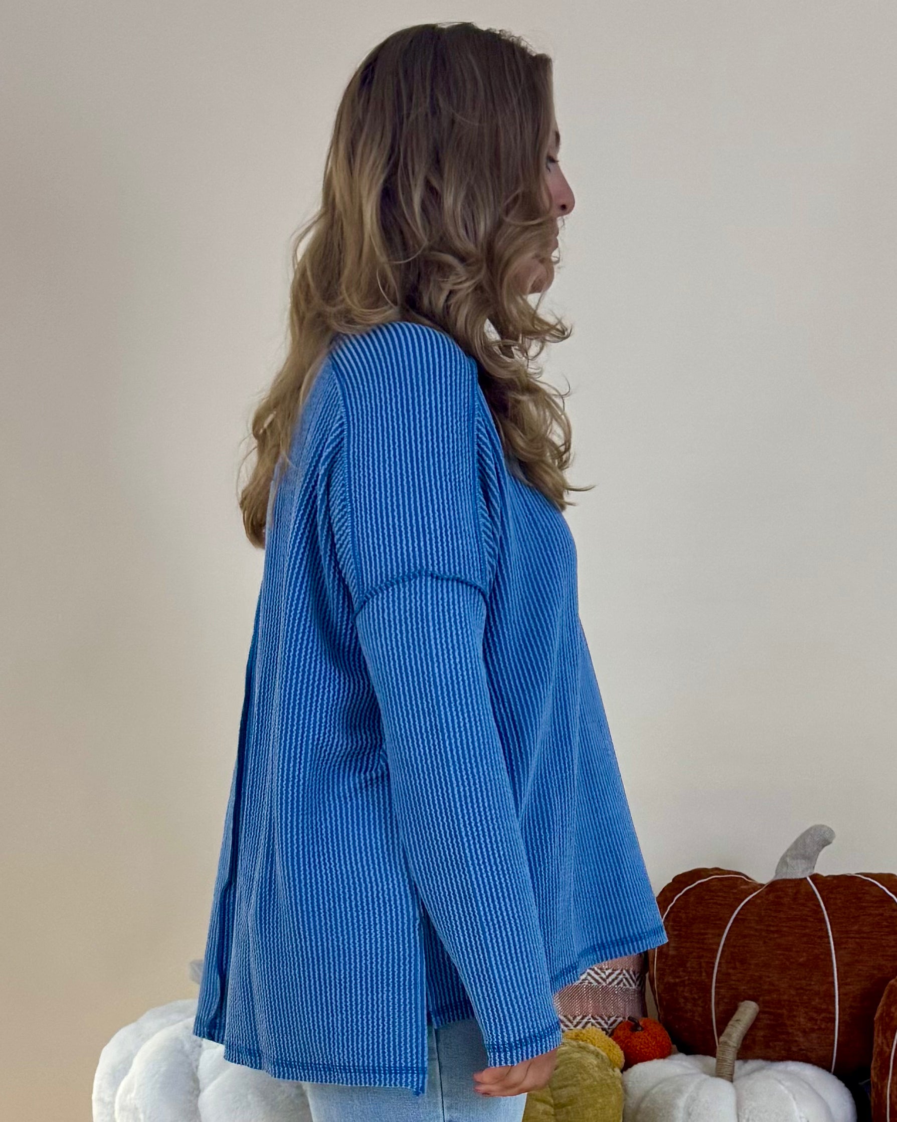 Relaxed Dusty Blue Plus Rib Raw Edge Top-Shop-Womens-Boutique-Clothing