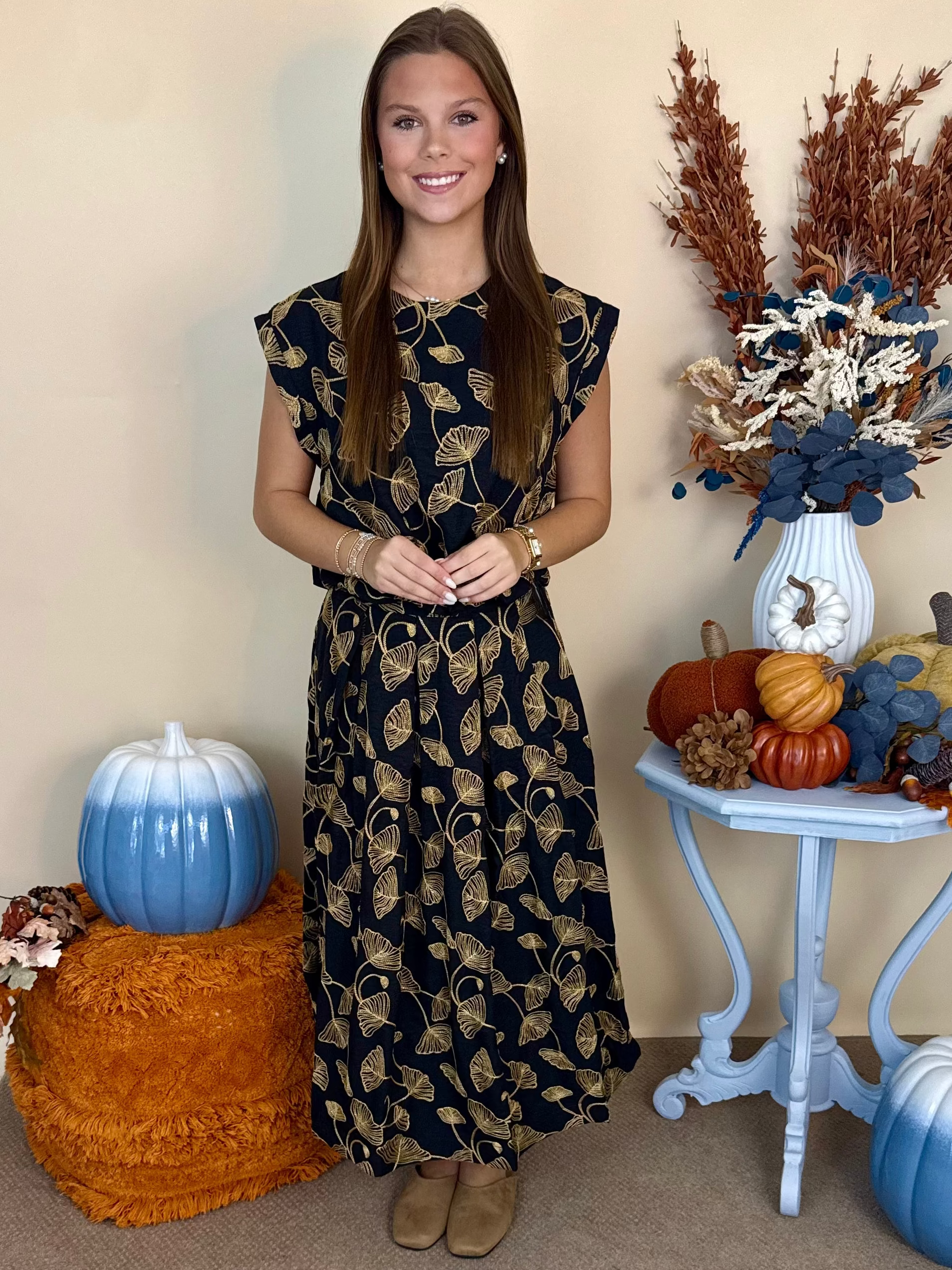In Good Taste Black Embroidered Pleated A-Line Midi Skirt-Shop-Womens-Boutique-Clothing