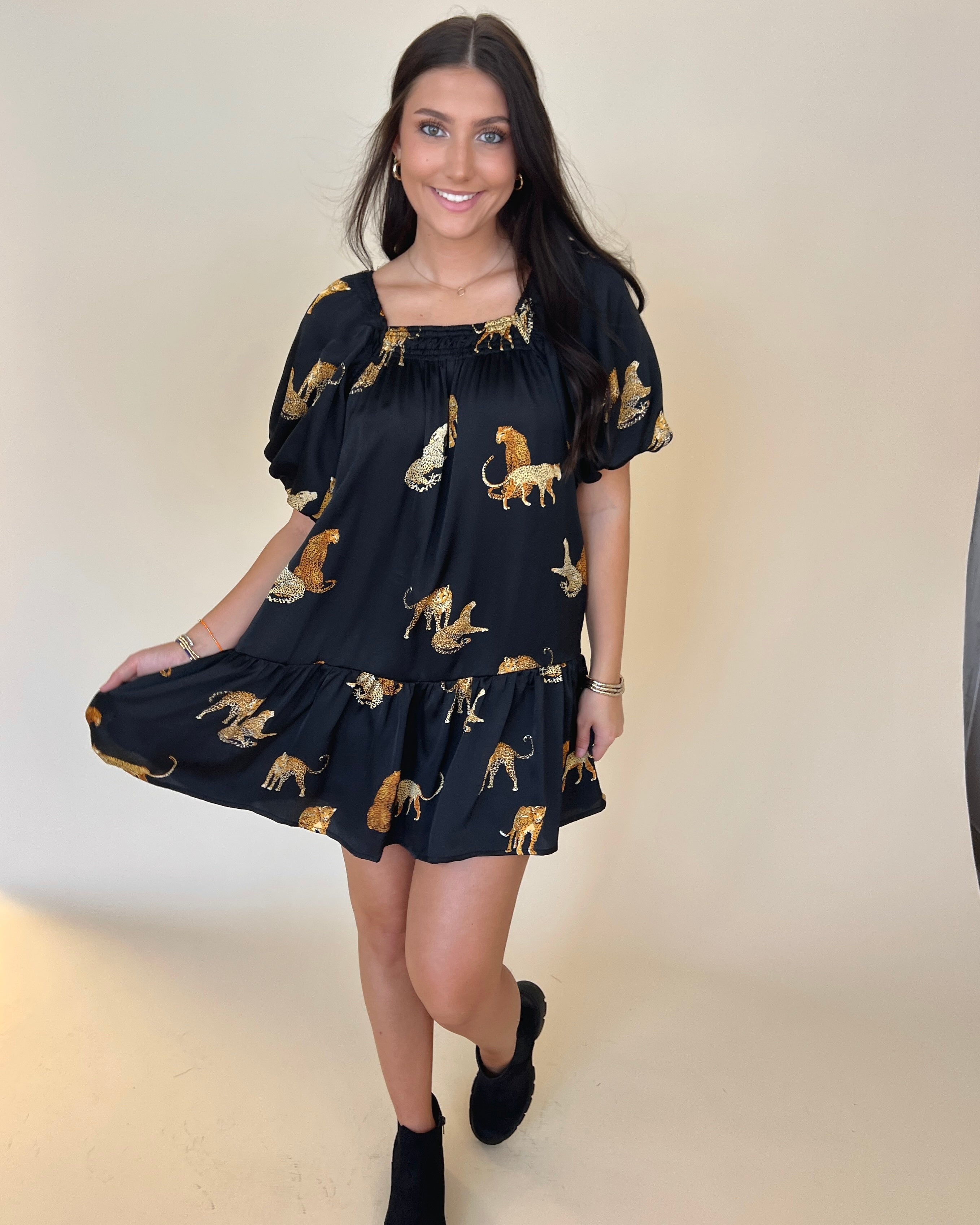 Sweet Allure Black Leopard Satin Dress-Shop-Womens-Boutique-Clothing