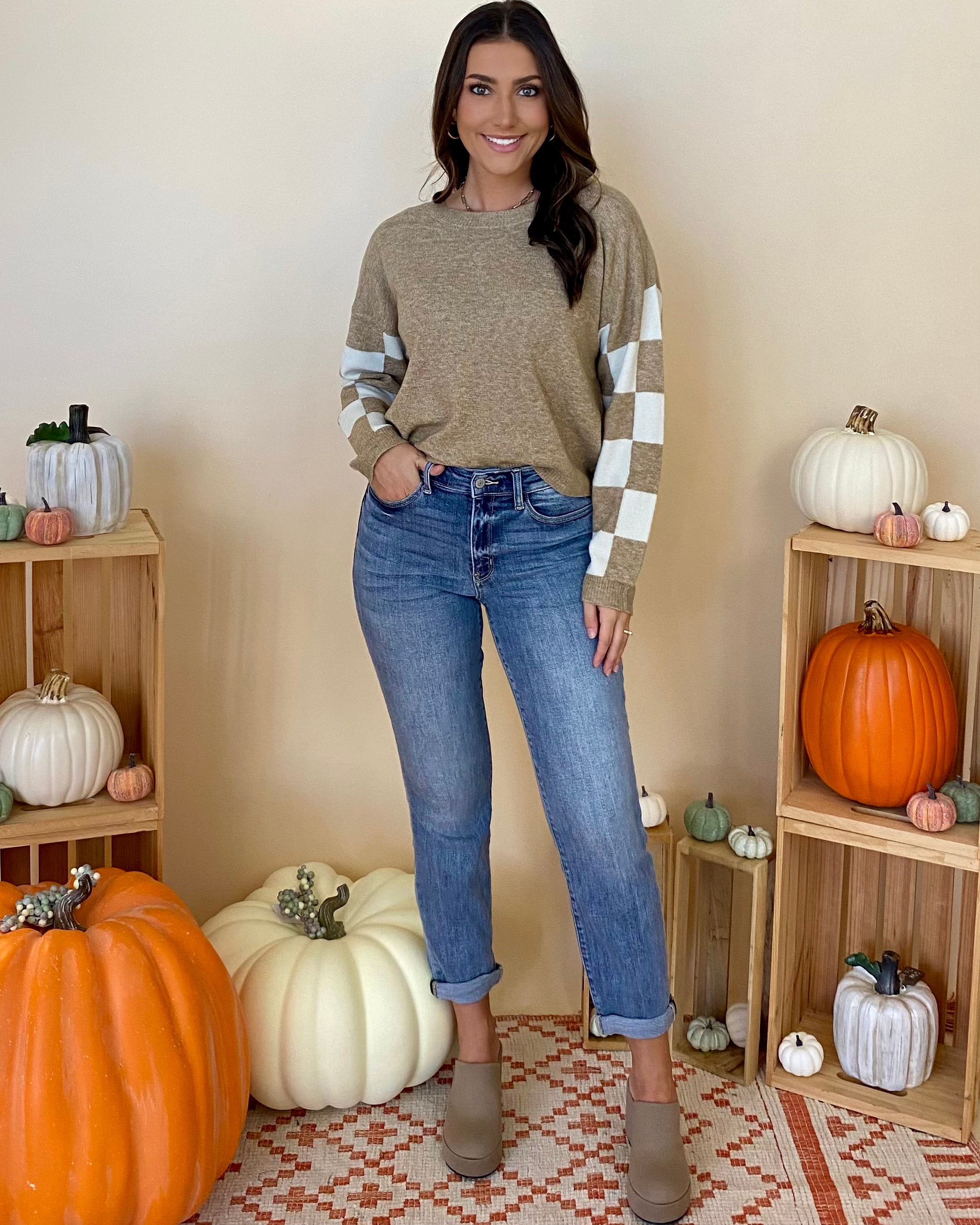 Turn Heads Taupe Checkered Sweater-Shop-Womens-Boutique-Clothing