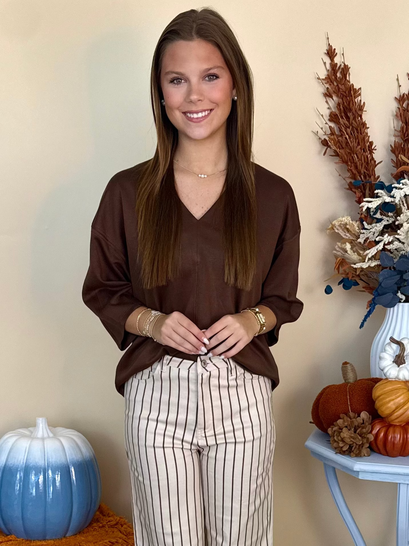 More Than A Feeling Brown Textured V-Neck Top-Shop-Womens-Boutique-Clothing