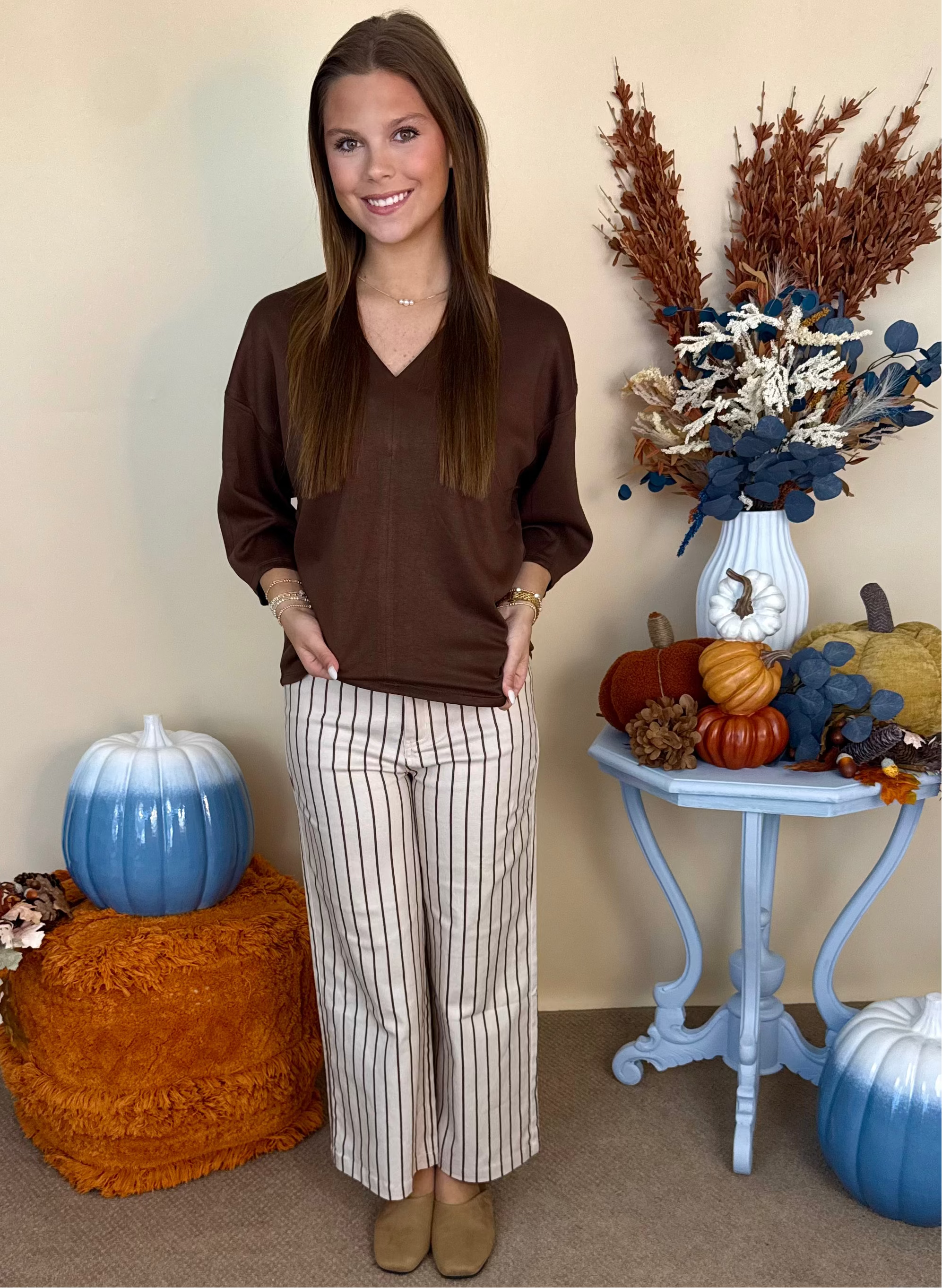 More Than A Feeling Brown Textured V-Neck Top-Shop-Womens-Boutique-Clothing