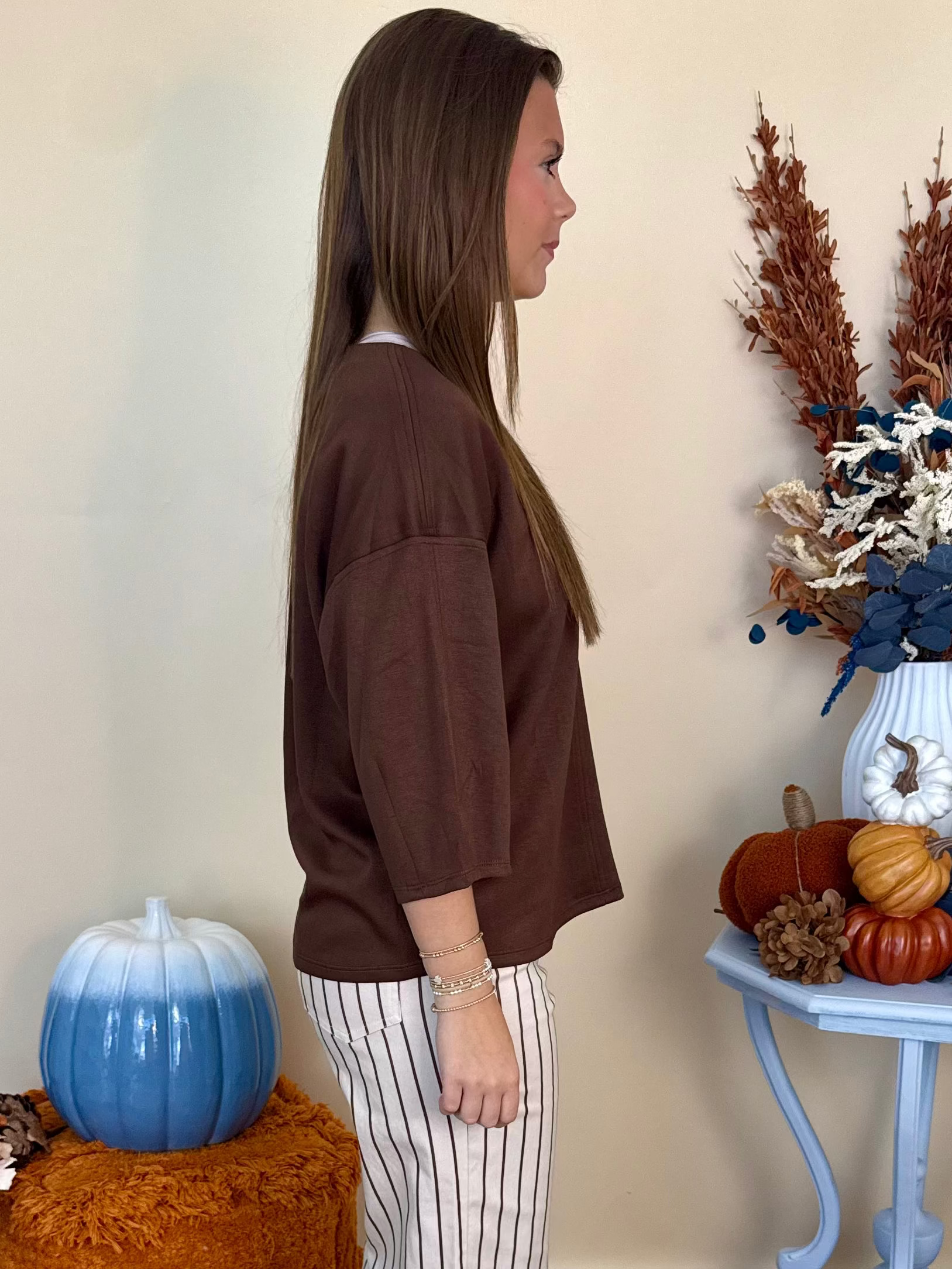More Than A Feeling Brown Textured V-Neck Top-Shop-Womens-Boutique-Clothing