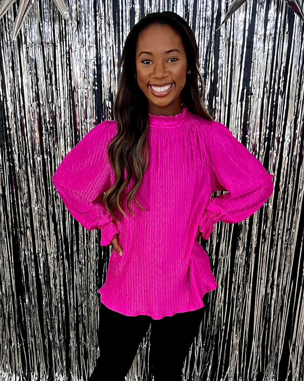 So Blissful Hot Pink Textured Satin Top-Shop-Womens-Boutique-Clothing