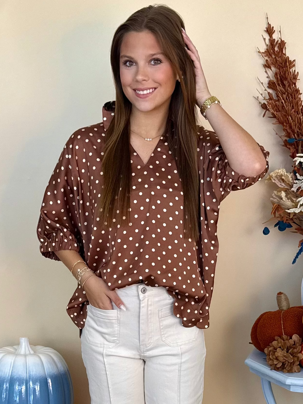 Sweet Retreat Toffee Polka Dot Dolman Sleeve Top-Shop-Womens-Boutique-Clothing