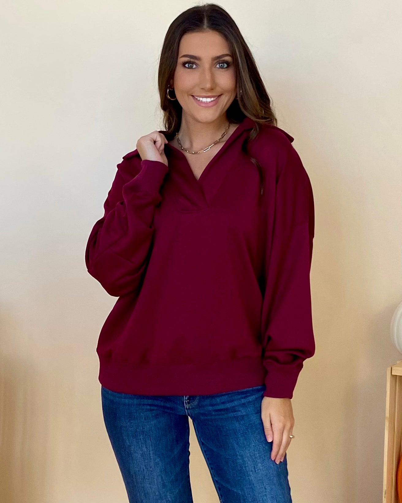 Make Plans Merlot V-Neck Top-Shop-Womens-Boutique-Clothing