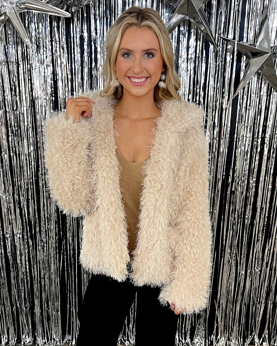 Show Stopper Lt Taupe Metallic Shaggy Coat-Shop-Womens-Boutique-Clothing