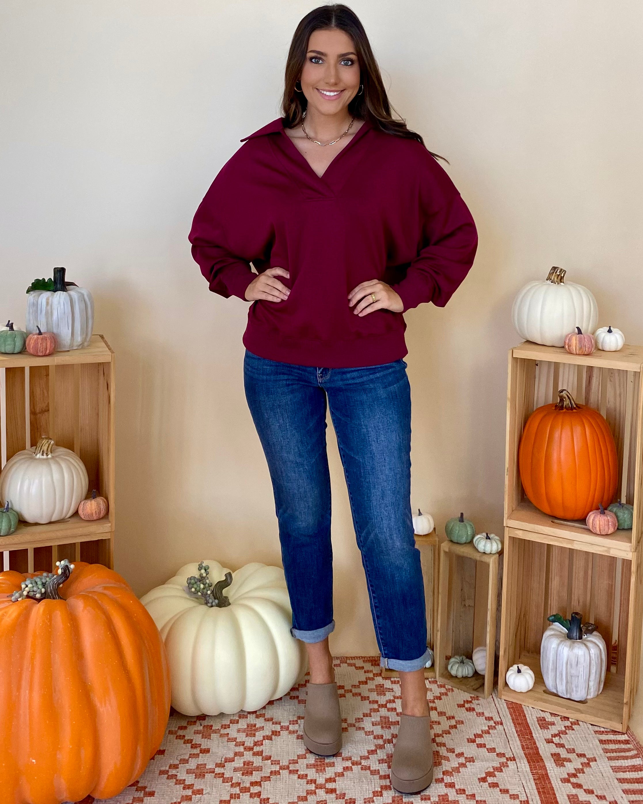 Make Plans Merlot V-Neck Top-Shop-Womens-Boutique-Clothing