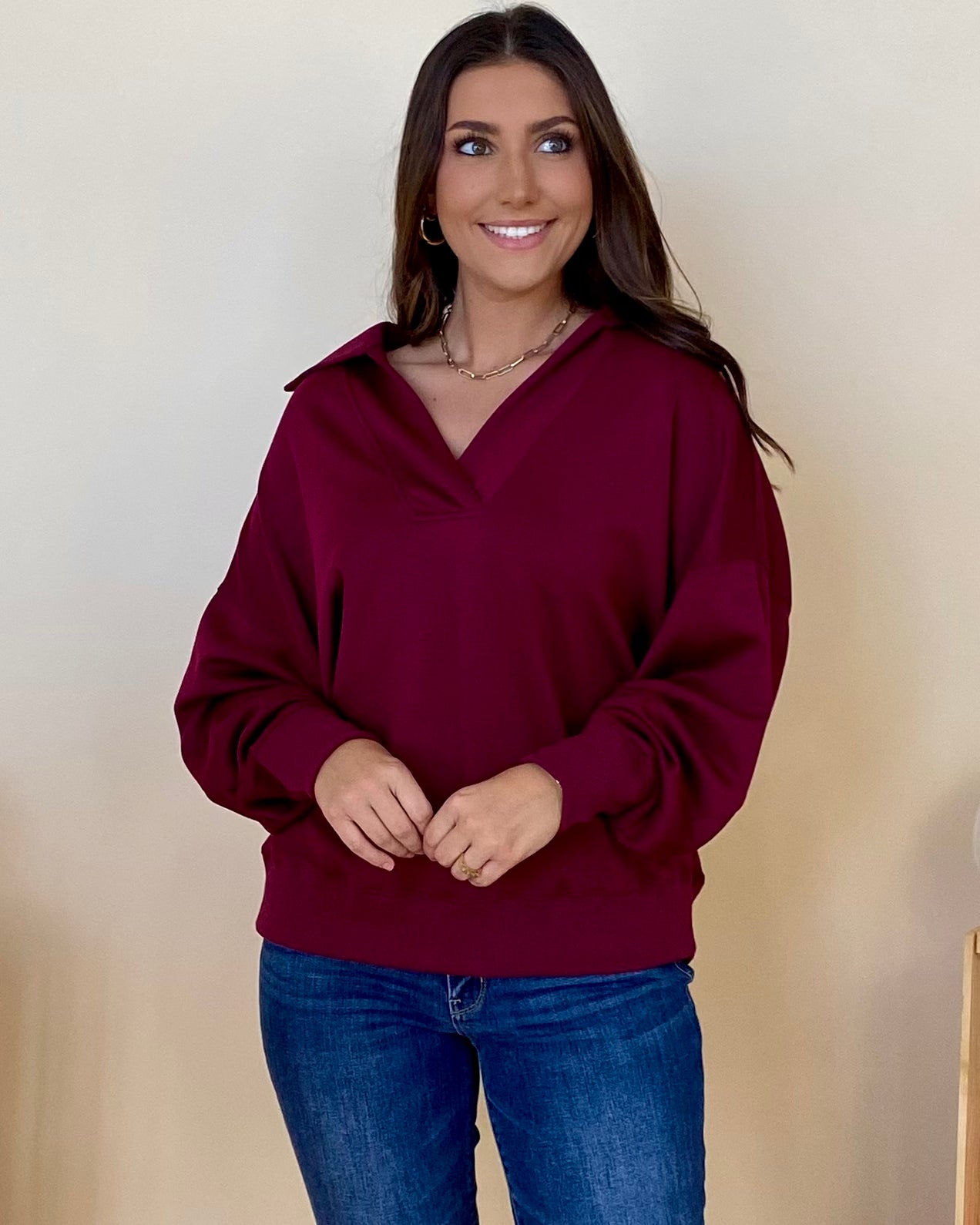 Make Plans Merlot V-Neck Top-Shop-Womens-Boutique-Clothing