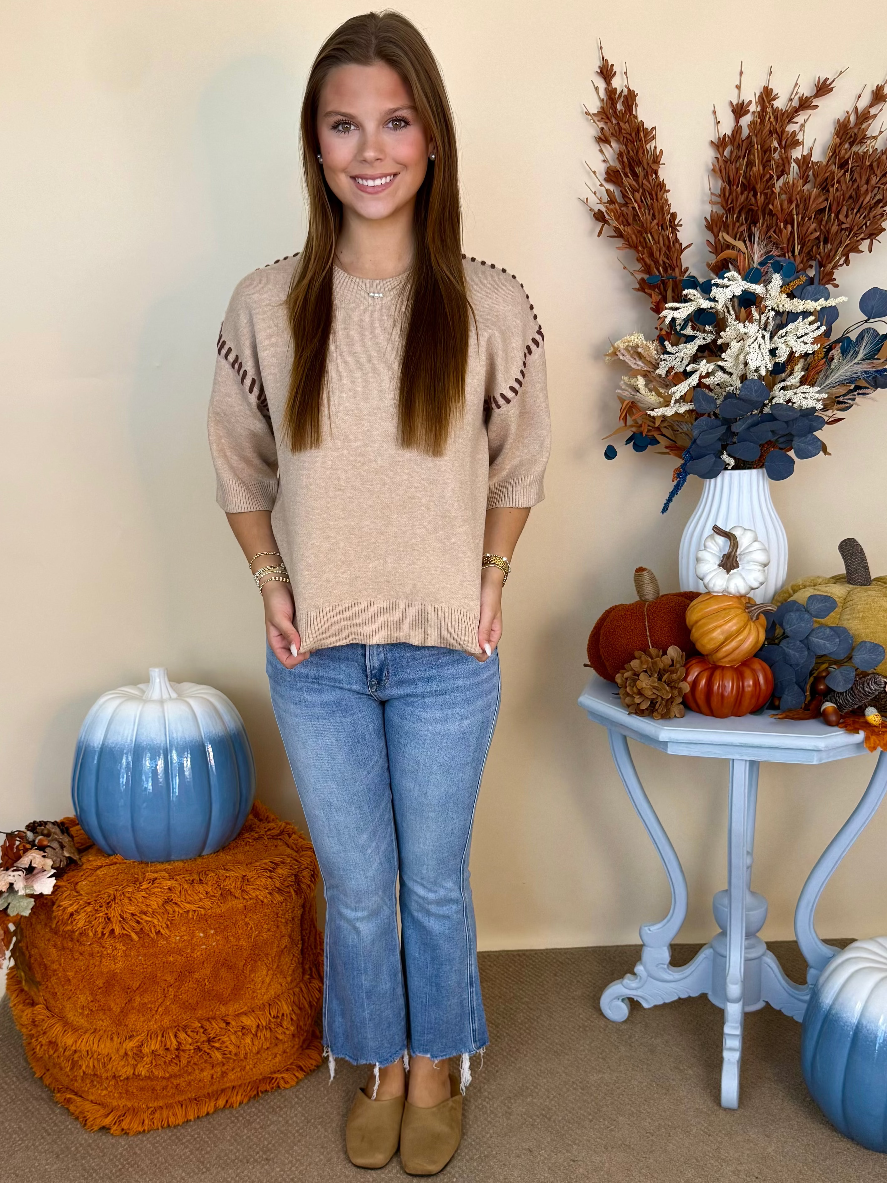Seasonal Story Oatmeal Stitch Half Sleeve Sweater-Shop-Womens-Boutique-Clothing