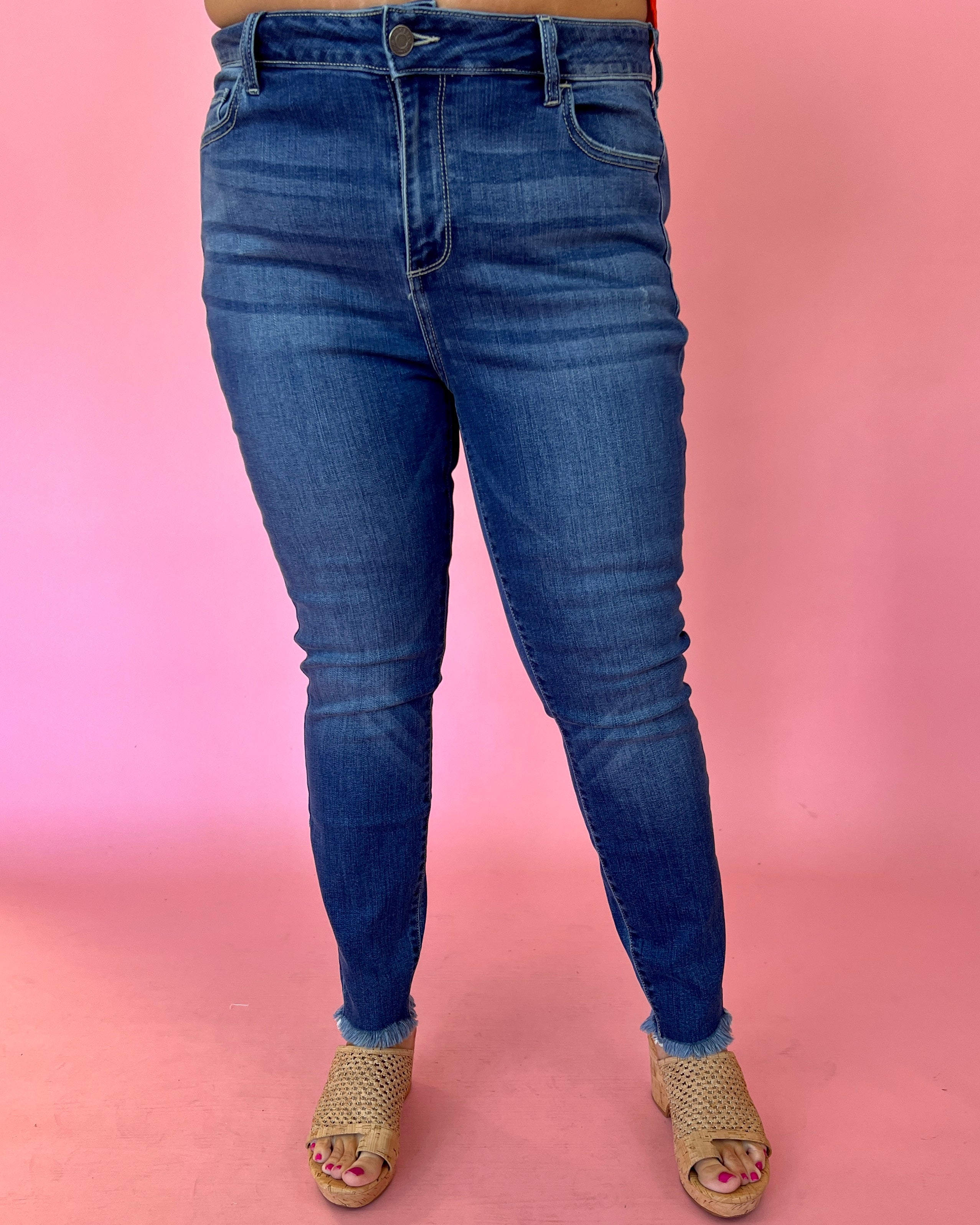 Uptown Brunch Plus Dark Denim Raw Hem Skinny Jeans-Shop-Womens-Boutique-Clothing