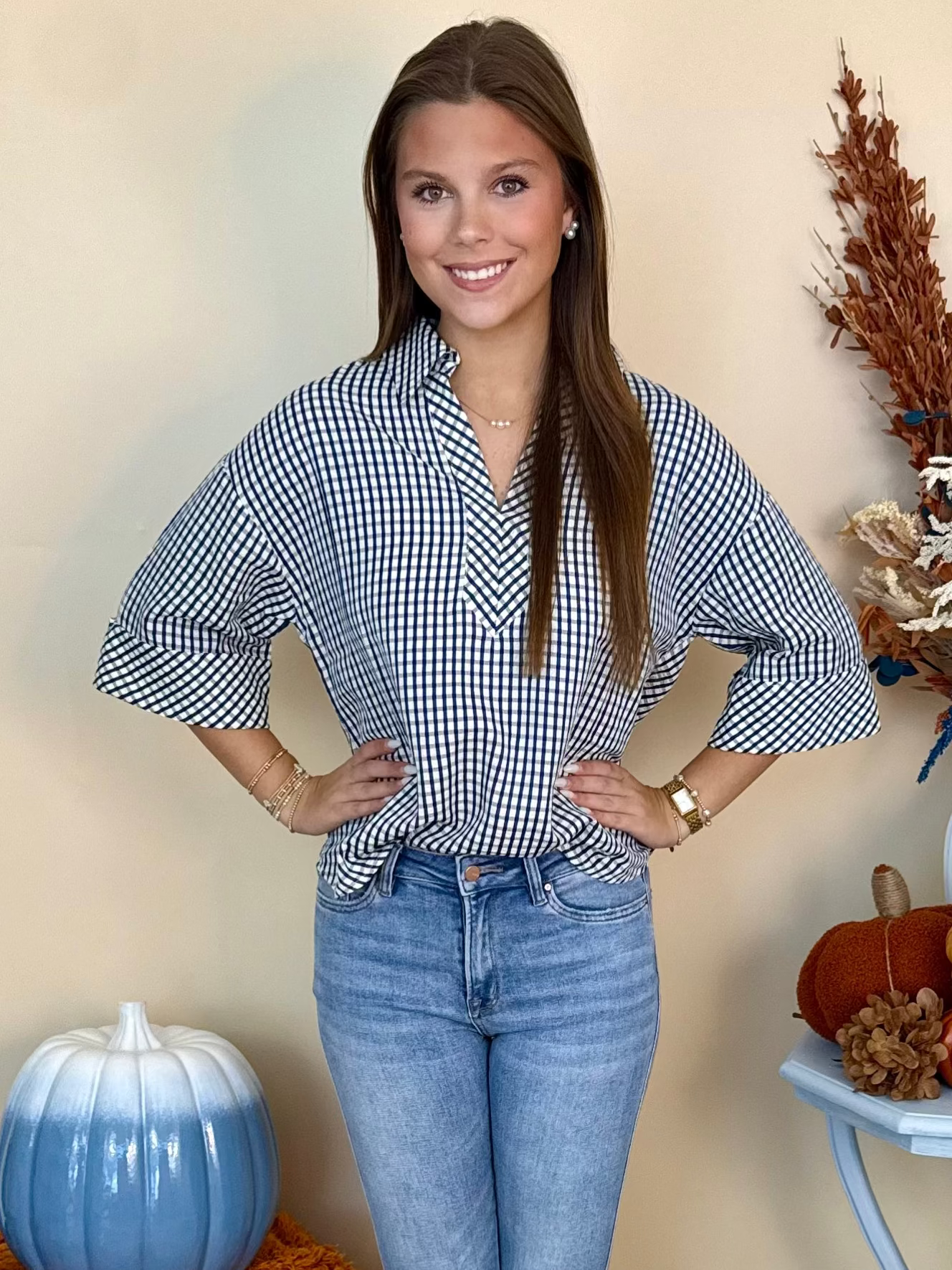 Just Enough Navy Gingham 3/4 Sleeve V-Neck Top-Shop-Womens-Boutique-Clothing