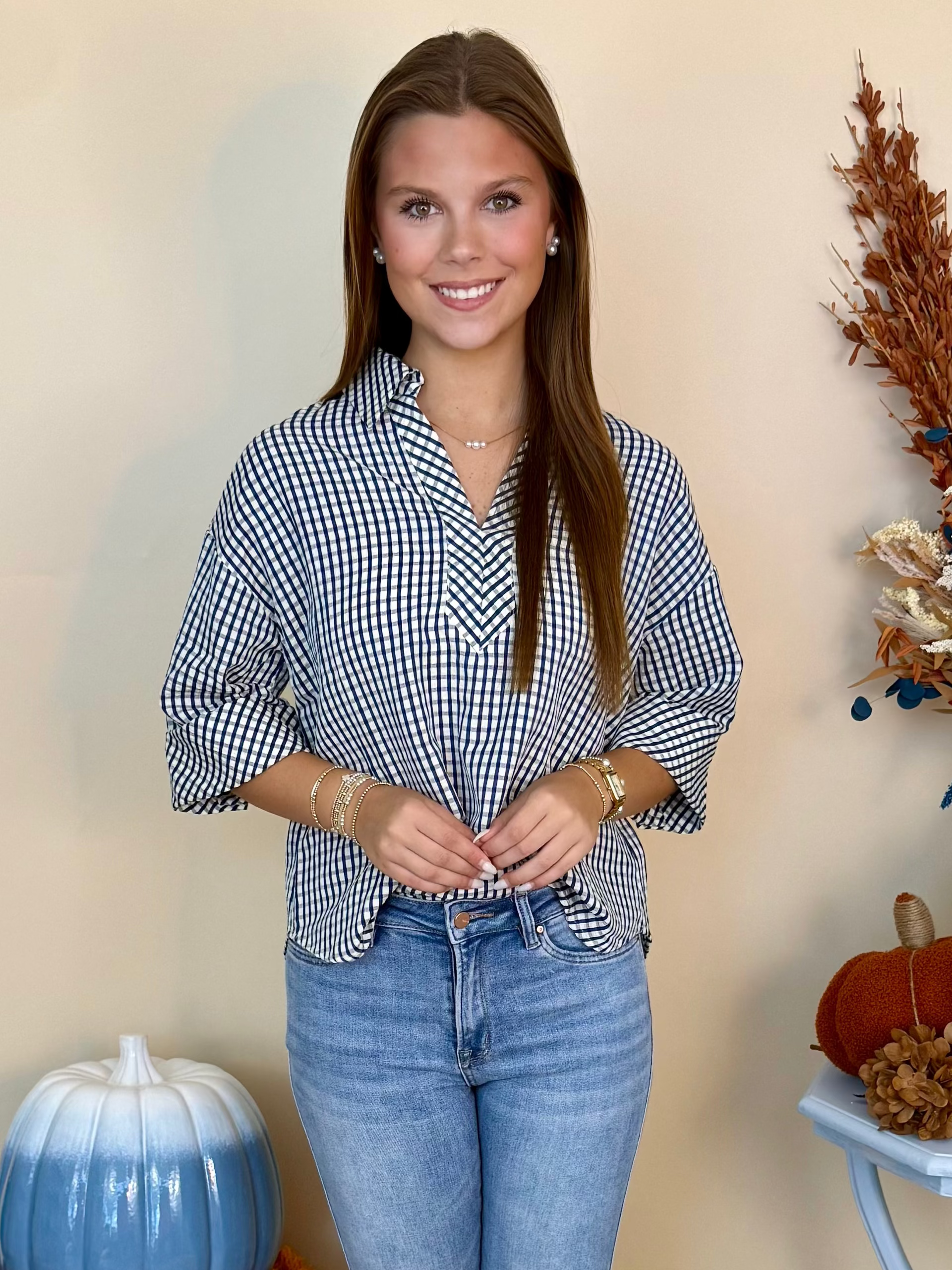Just Enough Navy Gingham 3/4 Sleeve V-Neck Top-Shop-Womens-Boutique-Clothing