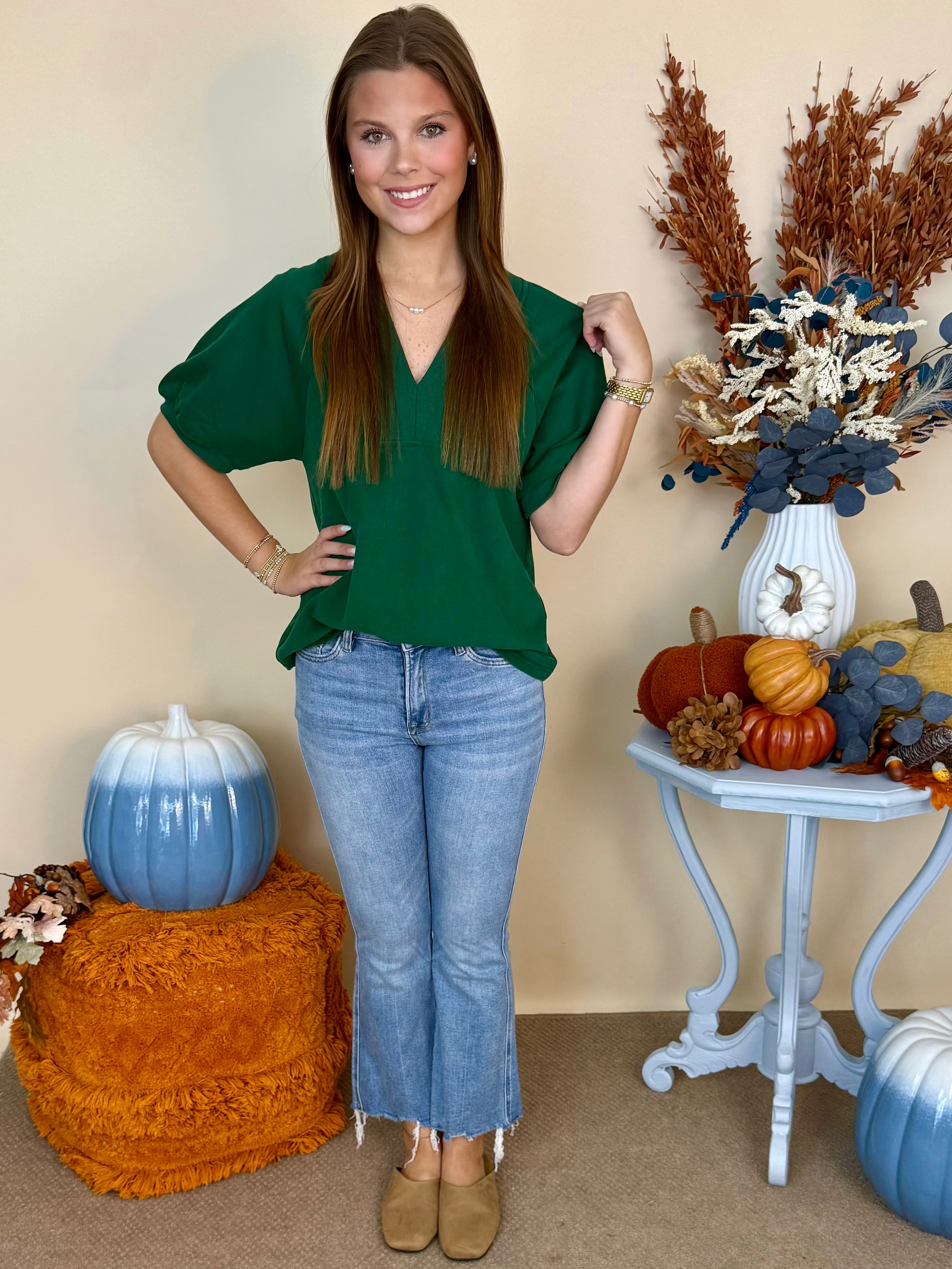 In Your Dreams Hunter Green Ribbed Contrast V-Neck Top-Shop-Womens-Boutique-Clothing