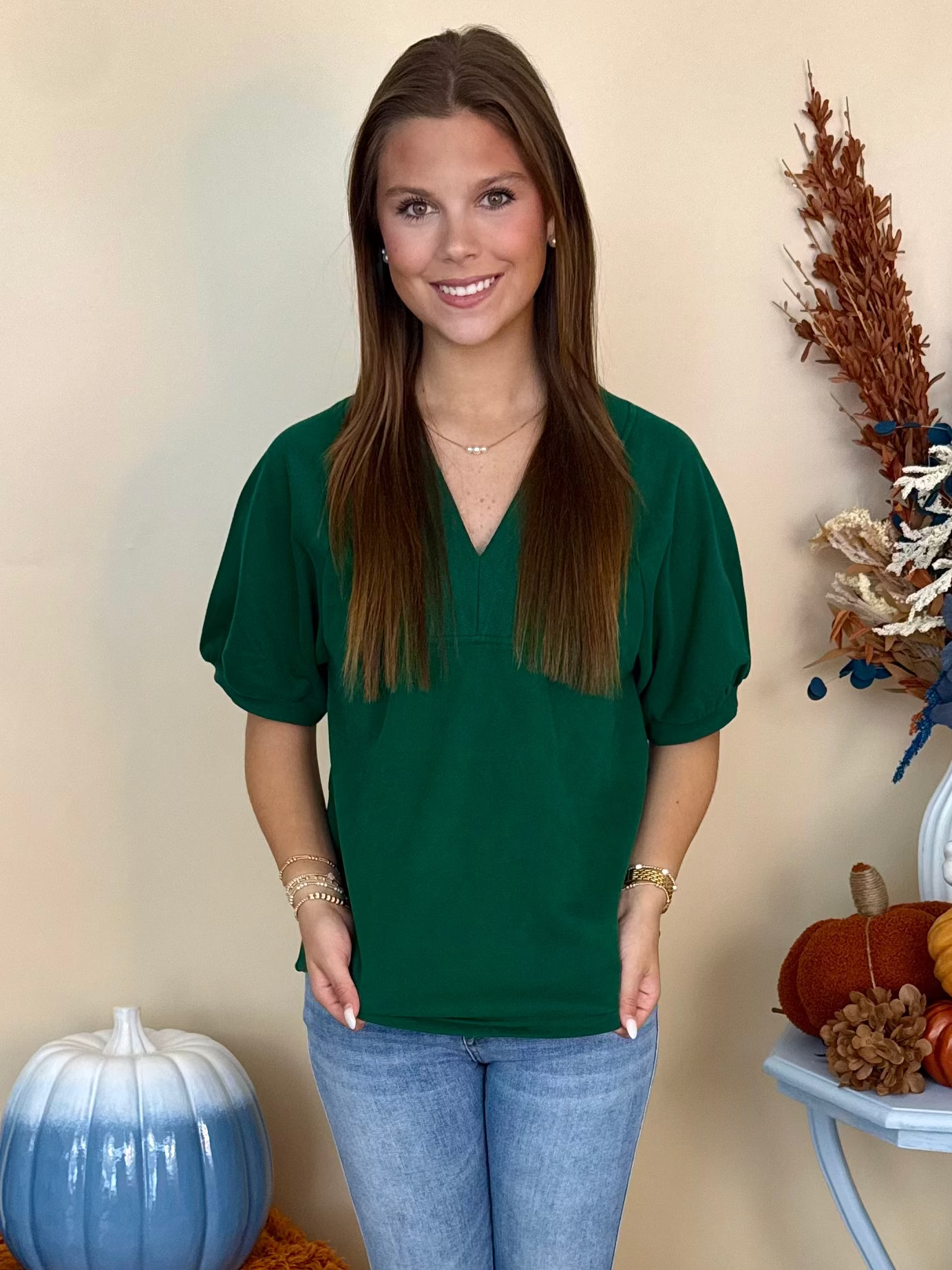 In Your Dreams Hunter Green Ribbed Contrast V-Neck Top-Shop-Womens-Boutique-Clothing