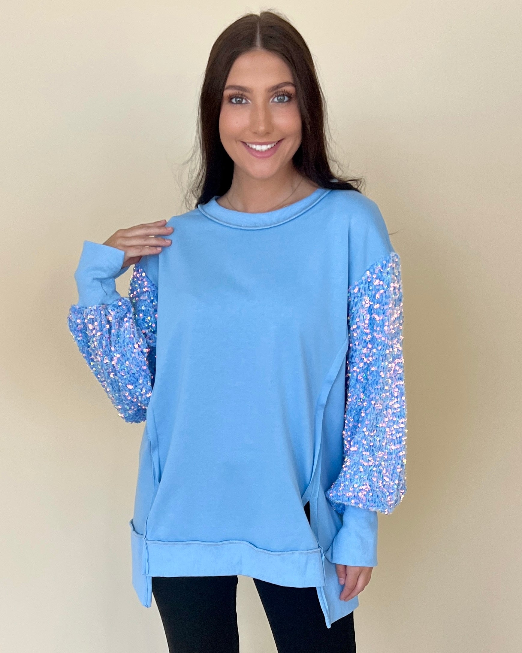 Bring The Drama Blue Sequins Sleeve Top-Shop-Womens-Boutique-Clothing