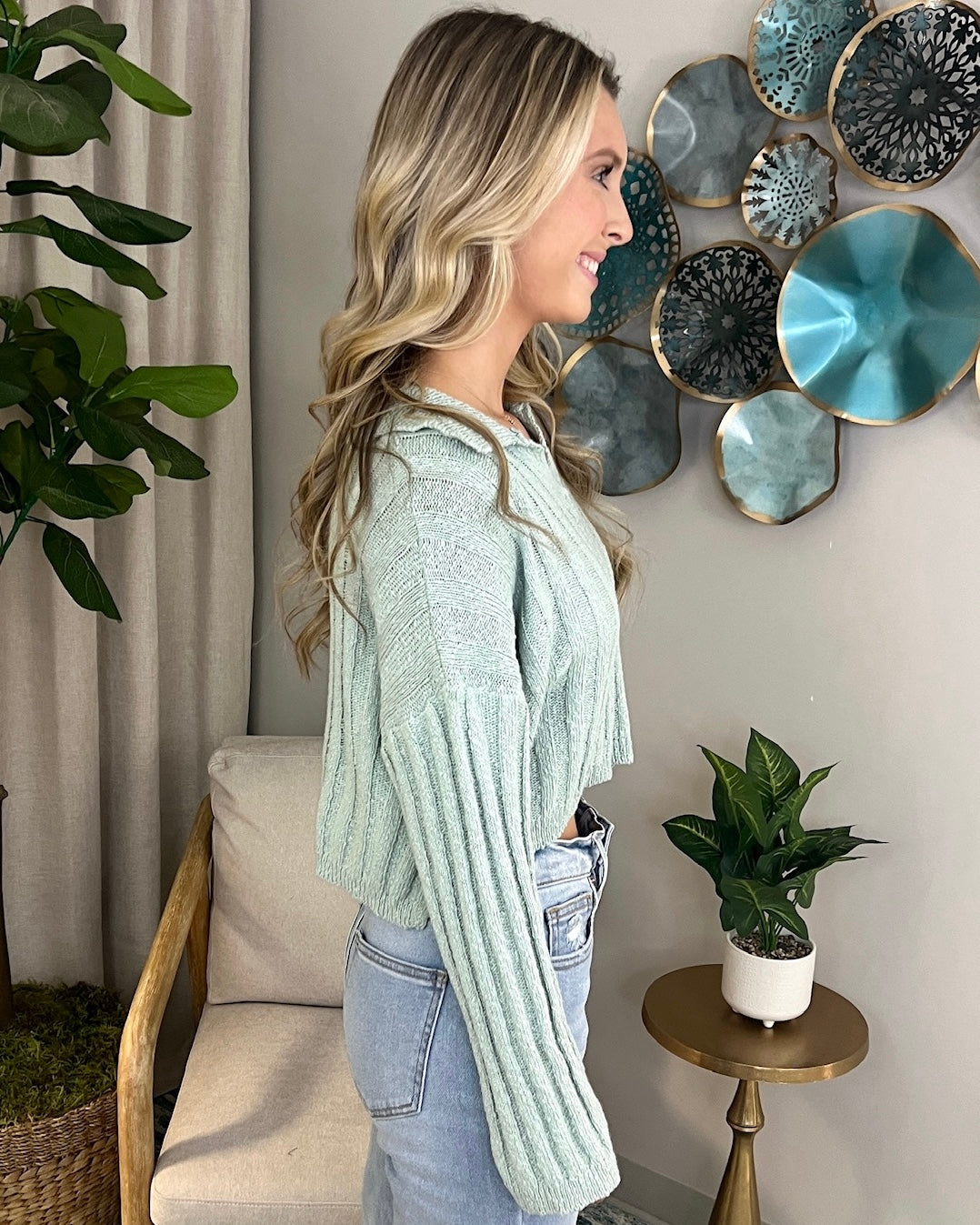 It's Been Real Sea-foam Collared Crop Sweater-Shop-Womens-Boutique-Clothing