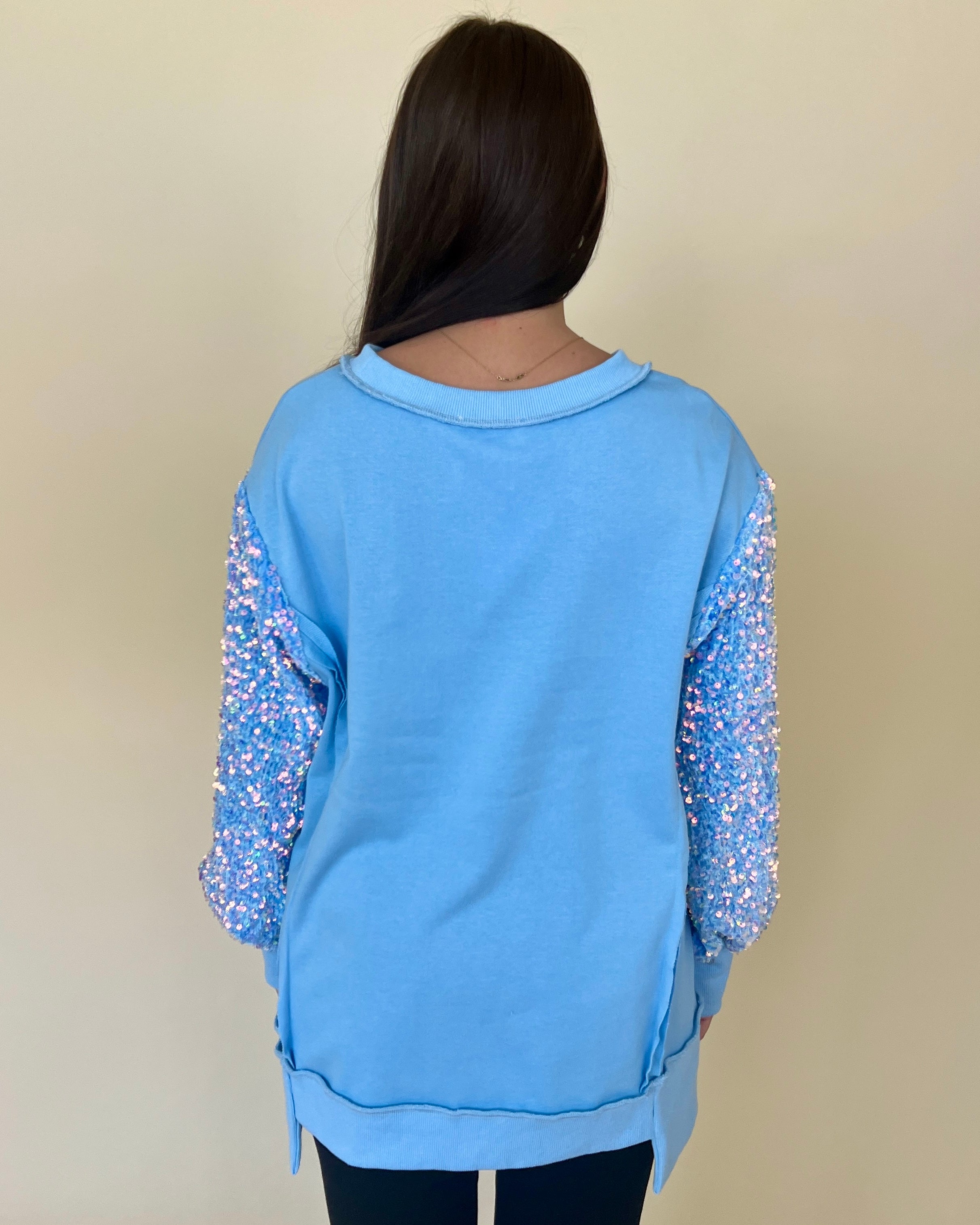 Bring The Drama Blue Sequins Sleeve Top-Shop-Womens-Boutique-Clothing