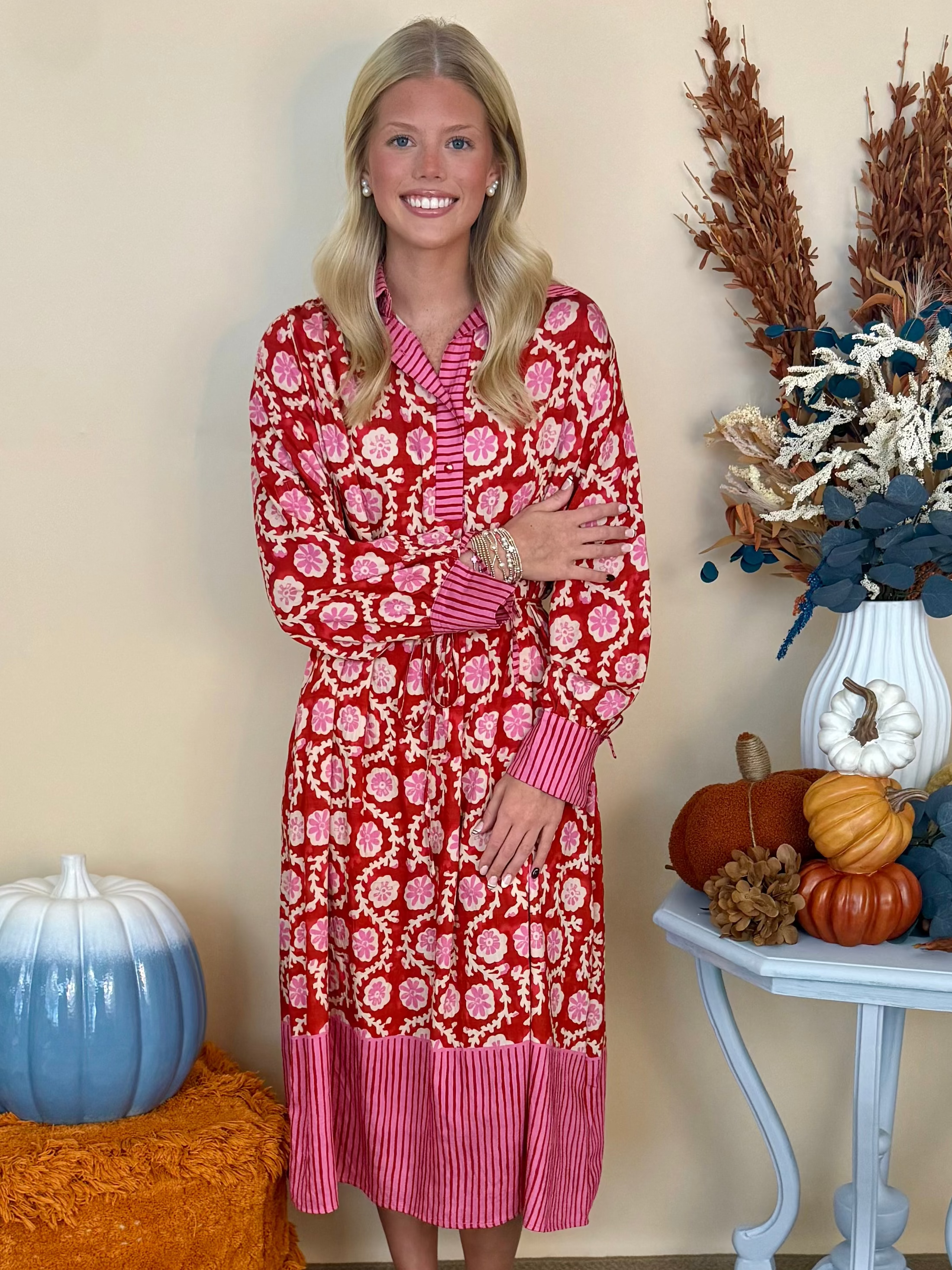 Along the Way Red Mixed Print 3/4 Sleeve Midi Dress-Shop-Womens-Boutique-Clothing