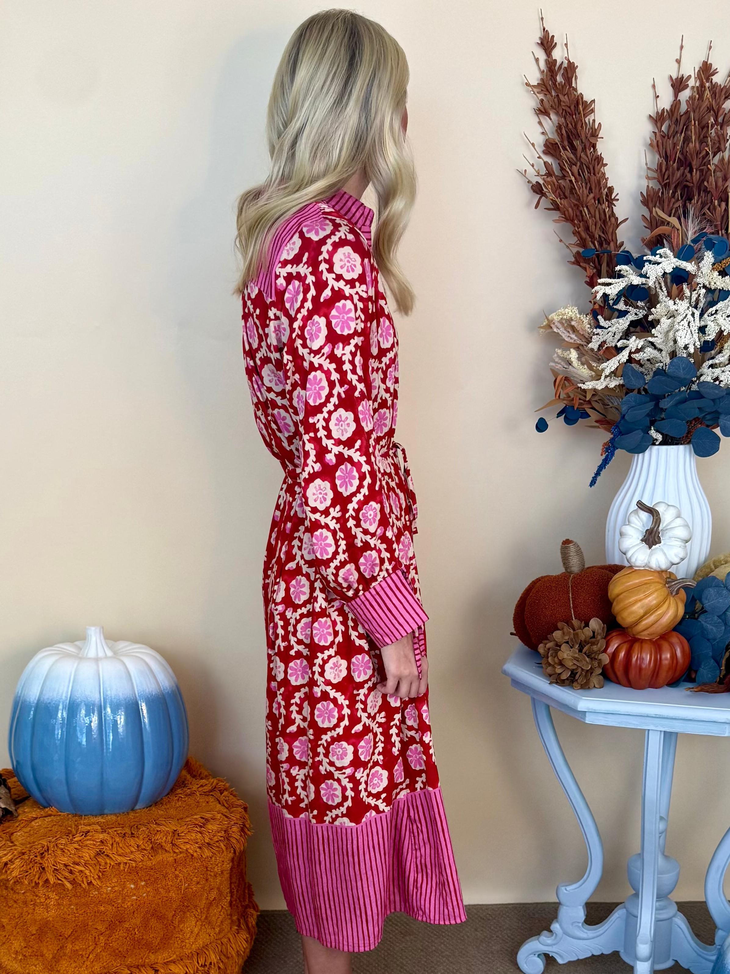 Along the Way Red Mixed Print 3/4 Sleeve Midi Dress-Shop-Womens-Boutique-Clothing