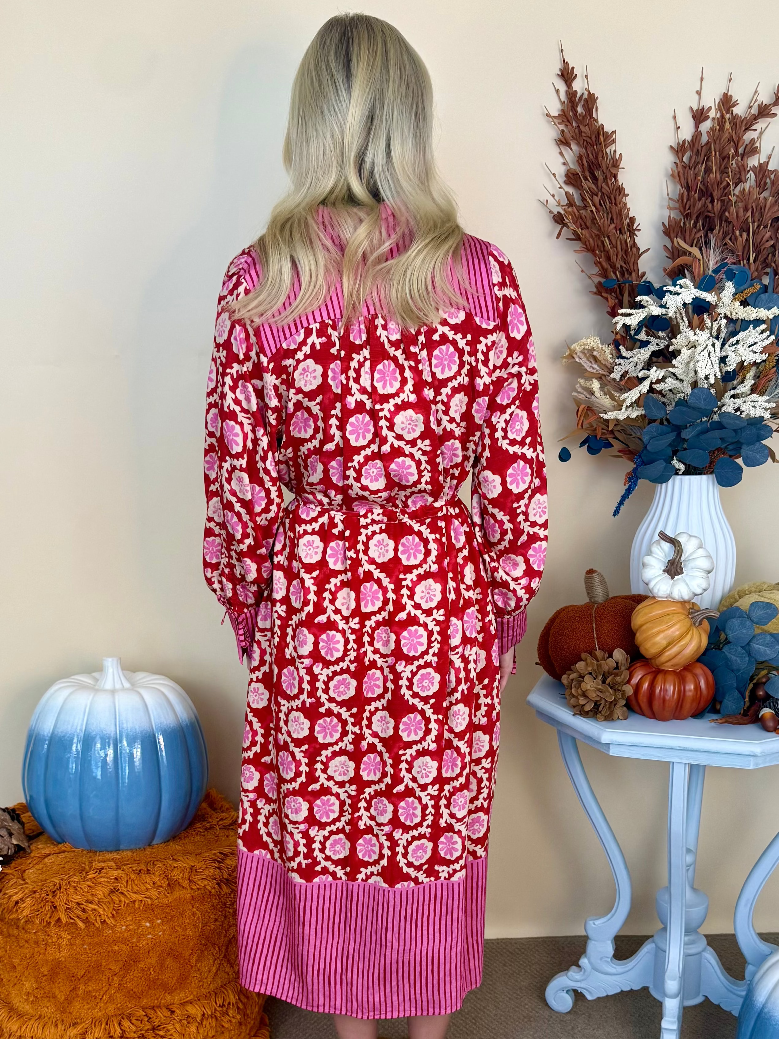 Along the Way Red Mixed Print 3/4 Sleeve Midi Dress-Shop-Womens-Boutique-Clothing
