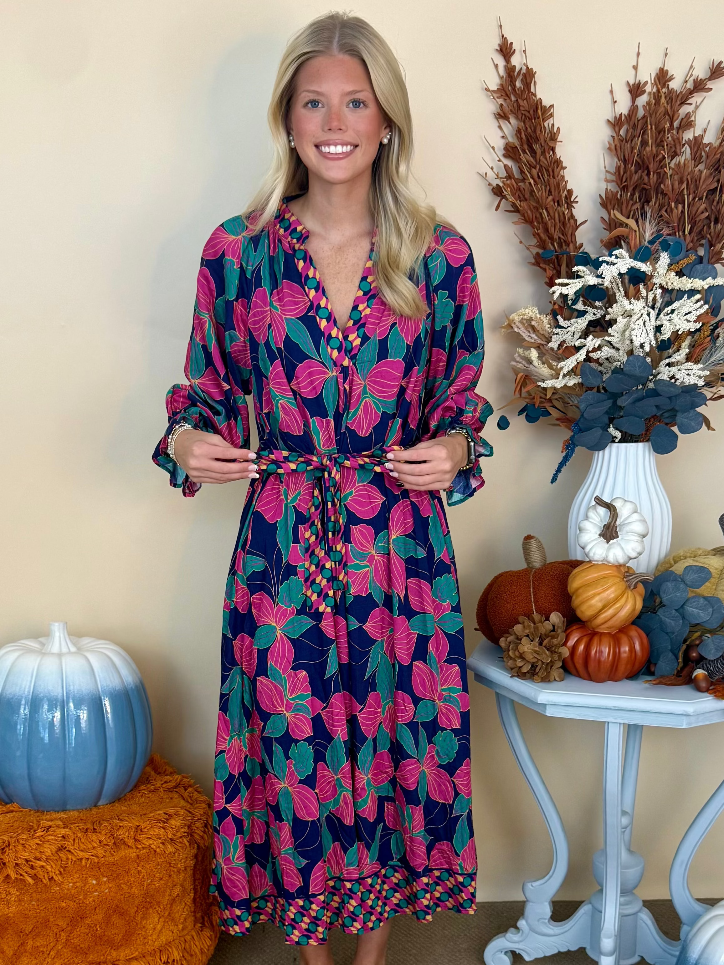 Cherished Days Navy Botanical Print Belted Midi Dress-Shop-Womens-Boutique-Clothing