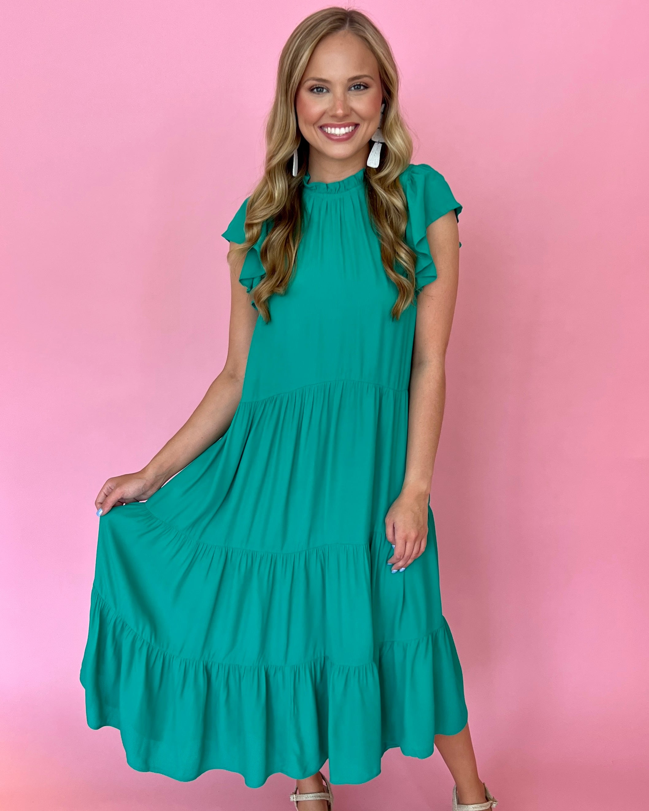 Electric Love Kelly Green High Neck Tiered Midi Dress-Shop-Womens-Boutique-Clothing