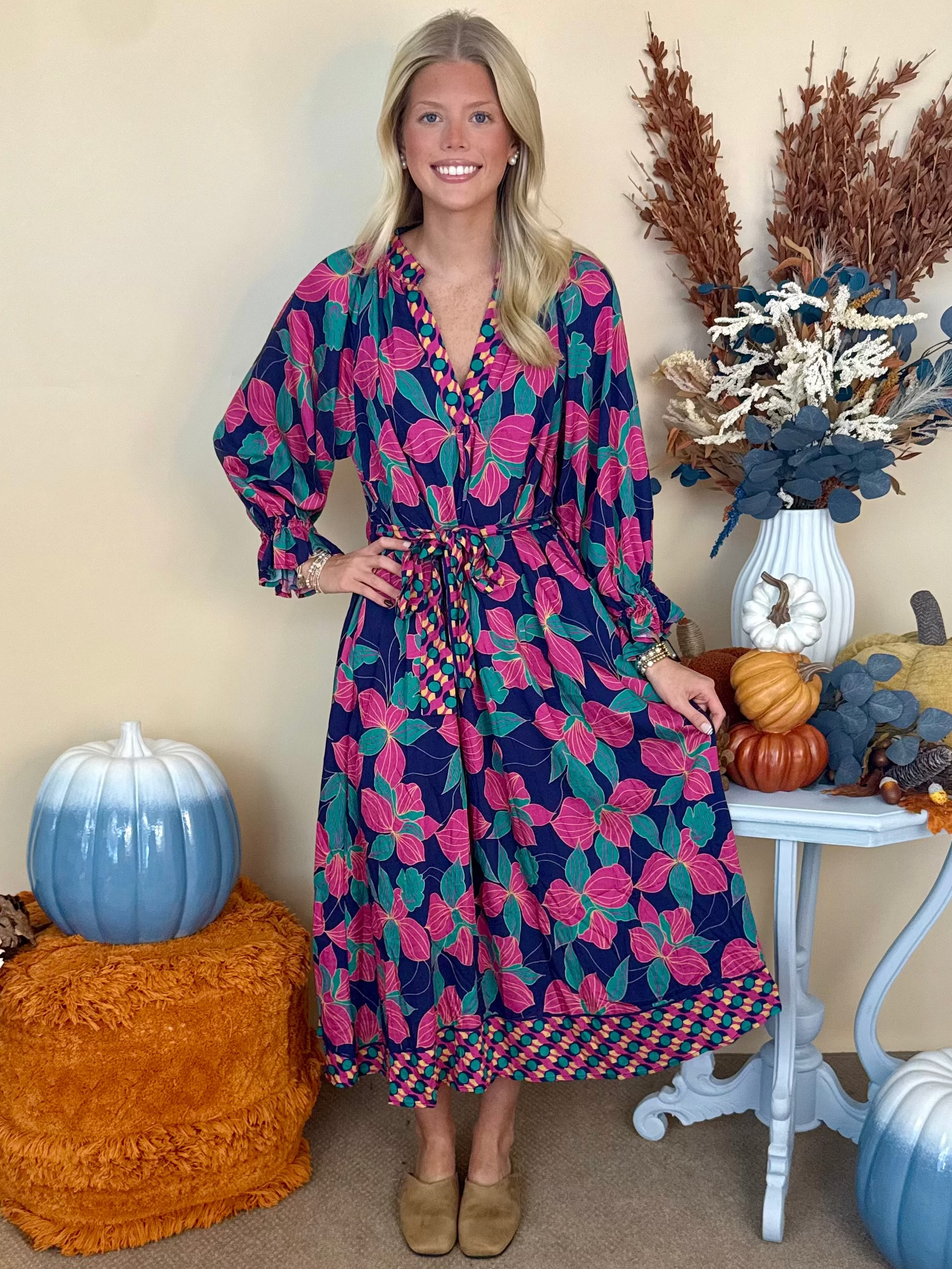 Cherished Days Navy Botanical Print Belted Midi Dress-Shop-Womens-Boutique-Clothing