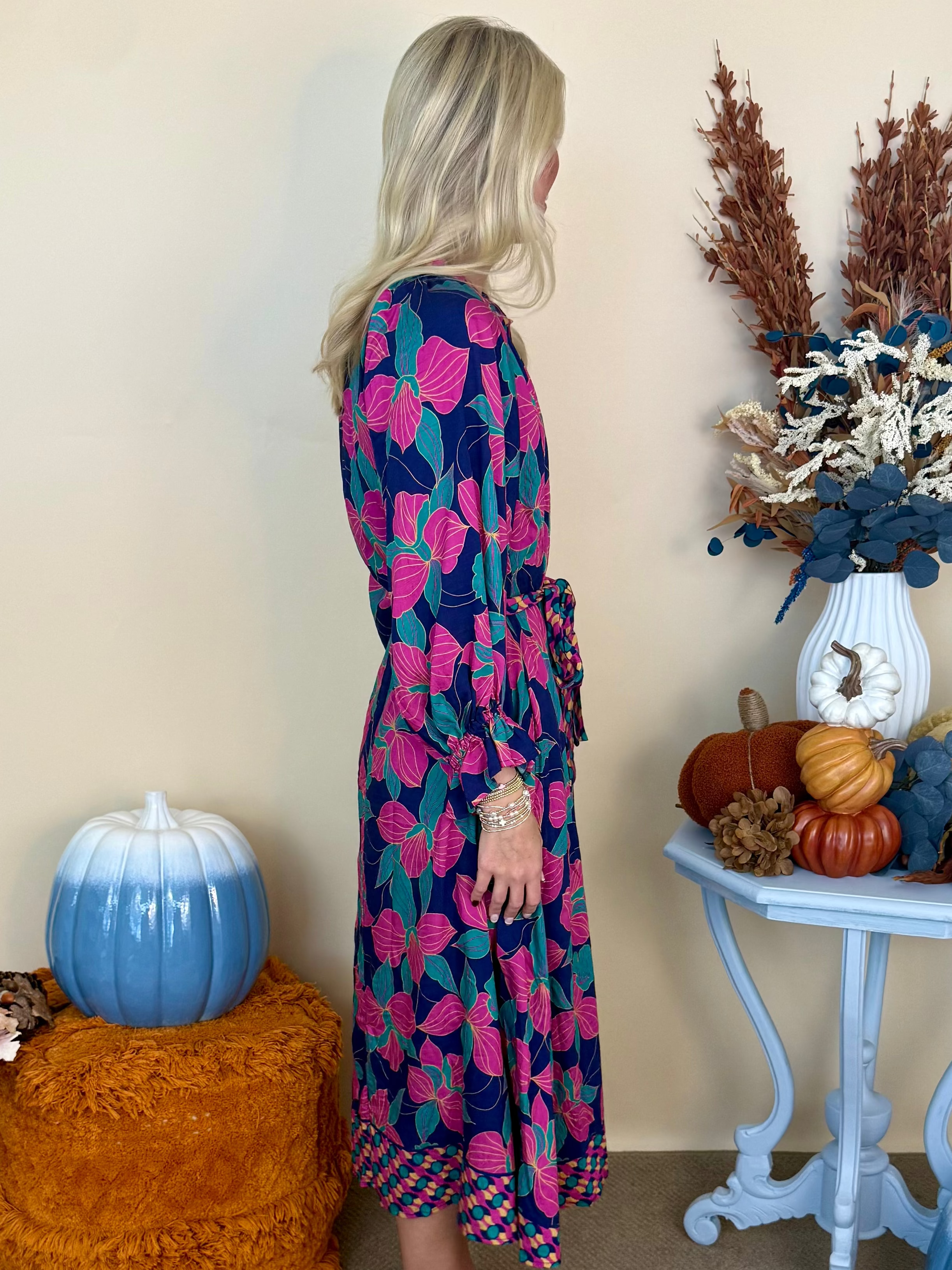Cherished Days Navy Botanical Print Belted Midi Dress-Shop-Womens-Boutique-Clothing