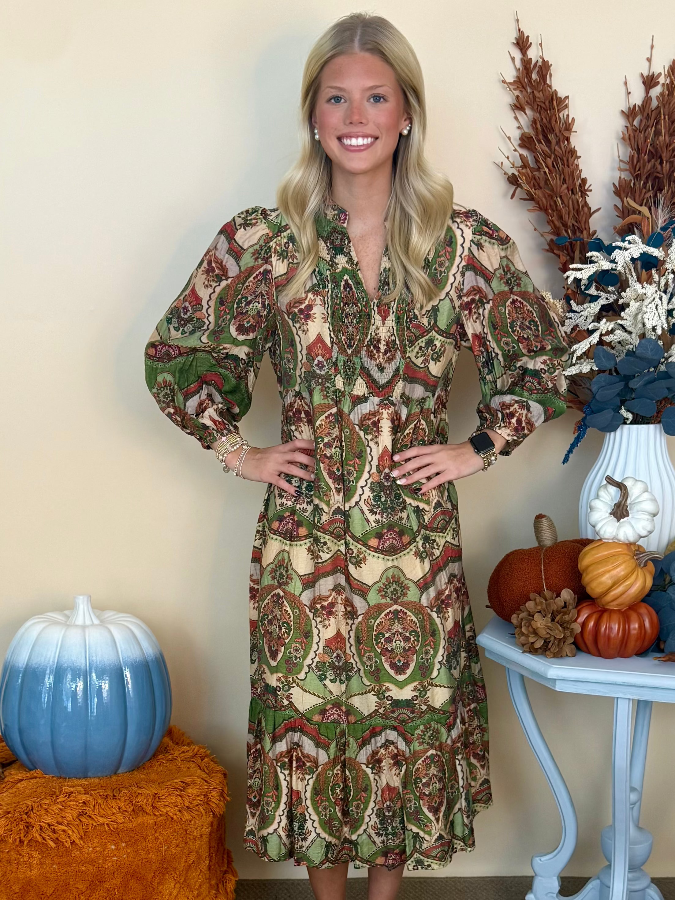 Harvest Lane Green Mix Print Midi Dress-Shop-Womens-Boutique-Clothing