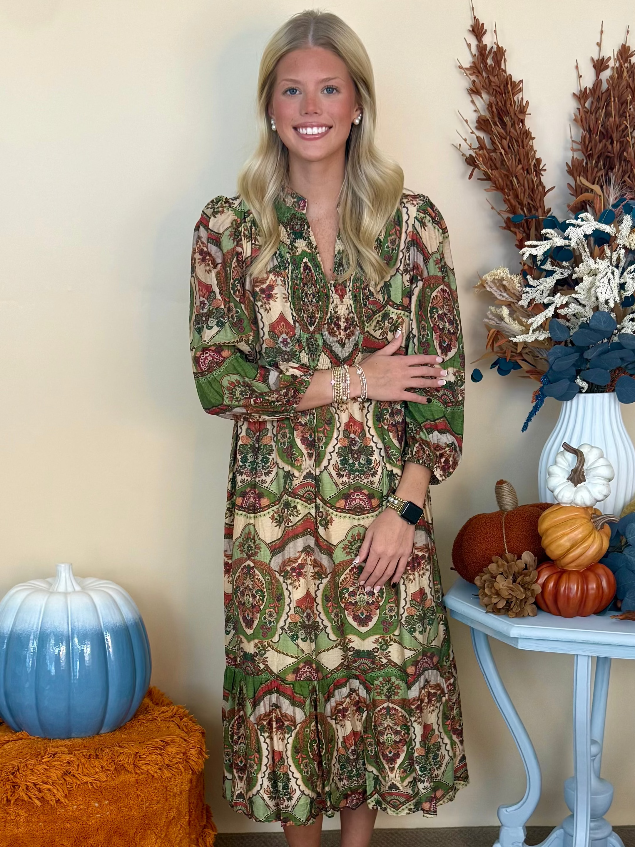 Harvest Lane Green Mix Print Midi Dress-Shop-Womens-Boutique-Clothing