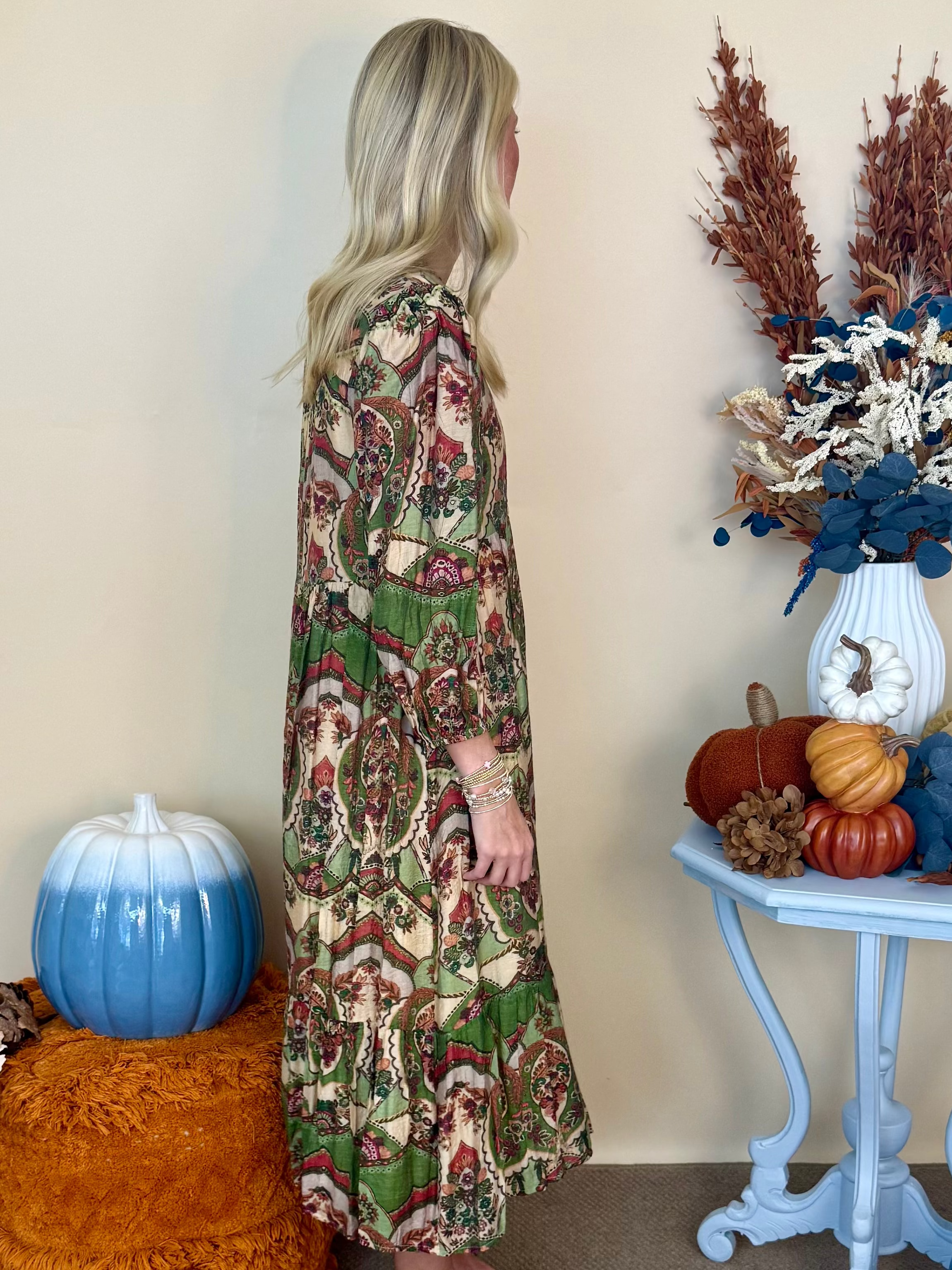 Harvest Lane Green Mix Print Midi Dress-Shop-Womens-Boutique-Clothing