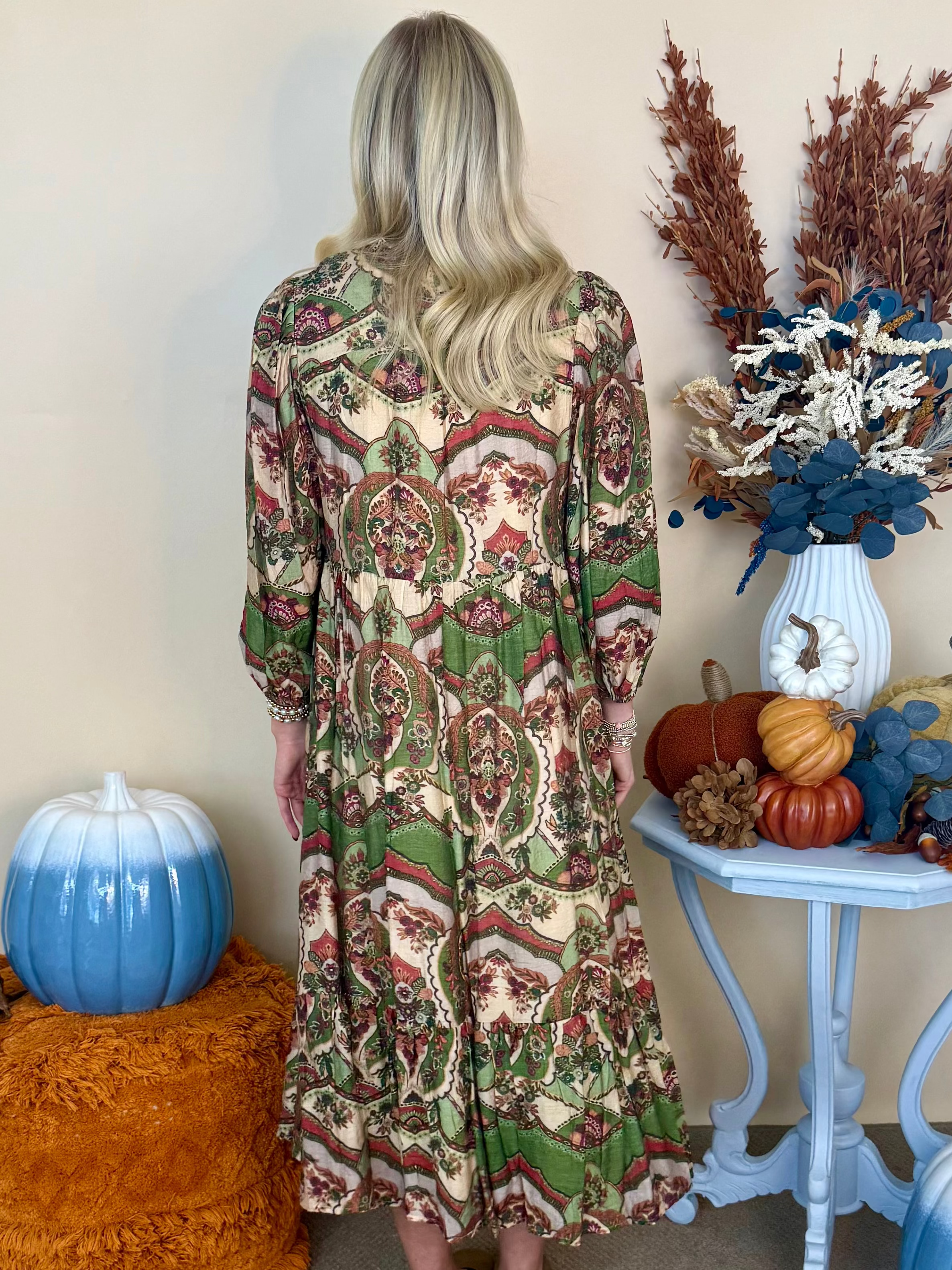 Harvest Lane Green Mix Print Midi Dress-Shop-Womens-Boutique-Clothing