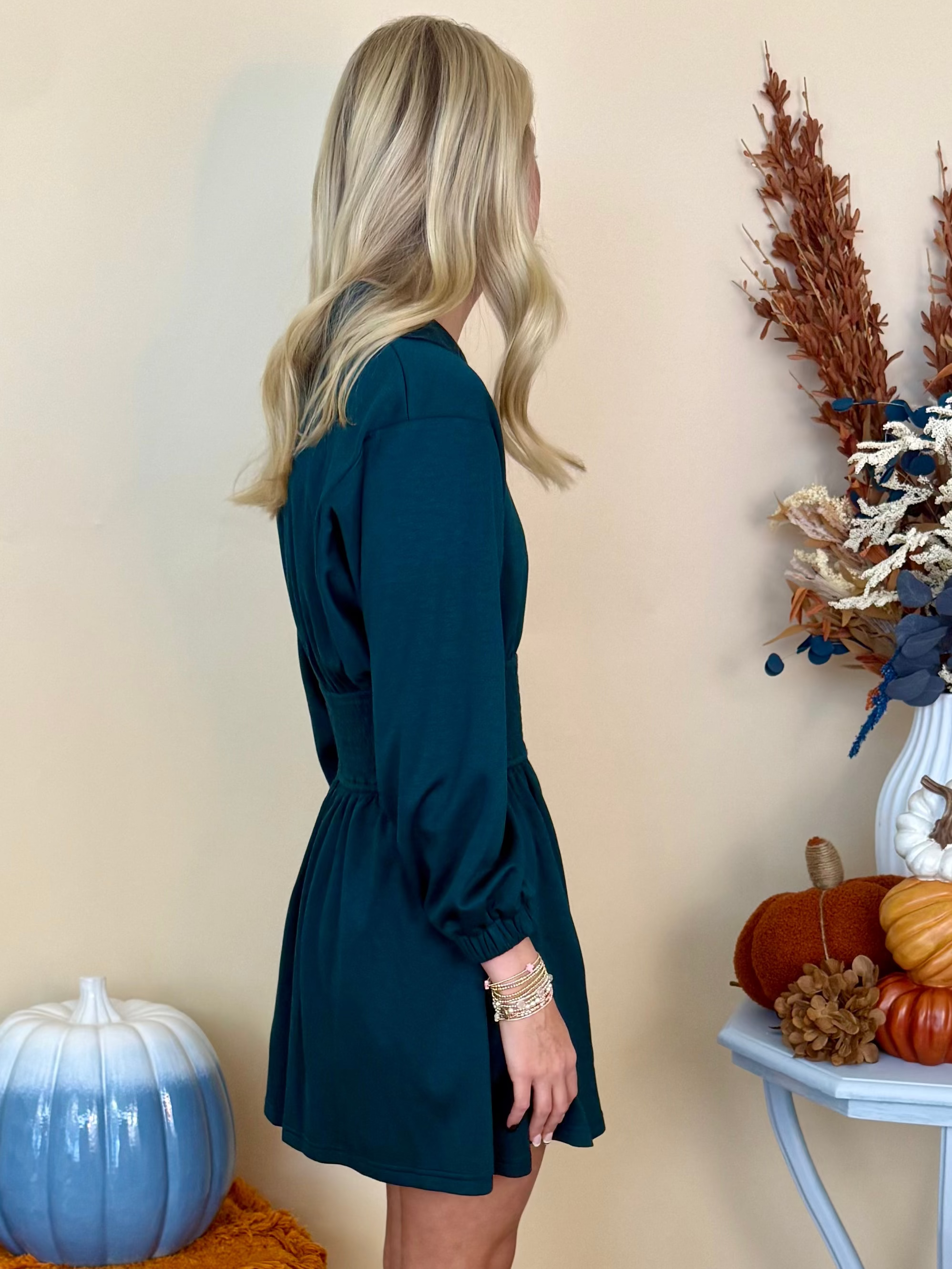 Rainy Days Teal Mohme Front Zip Smocked Dress-Shop-Womens-Boutique-Clothing