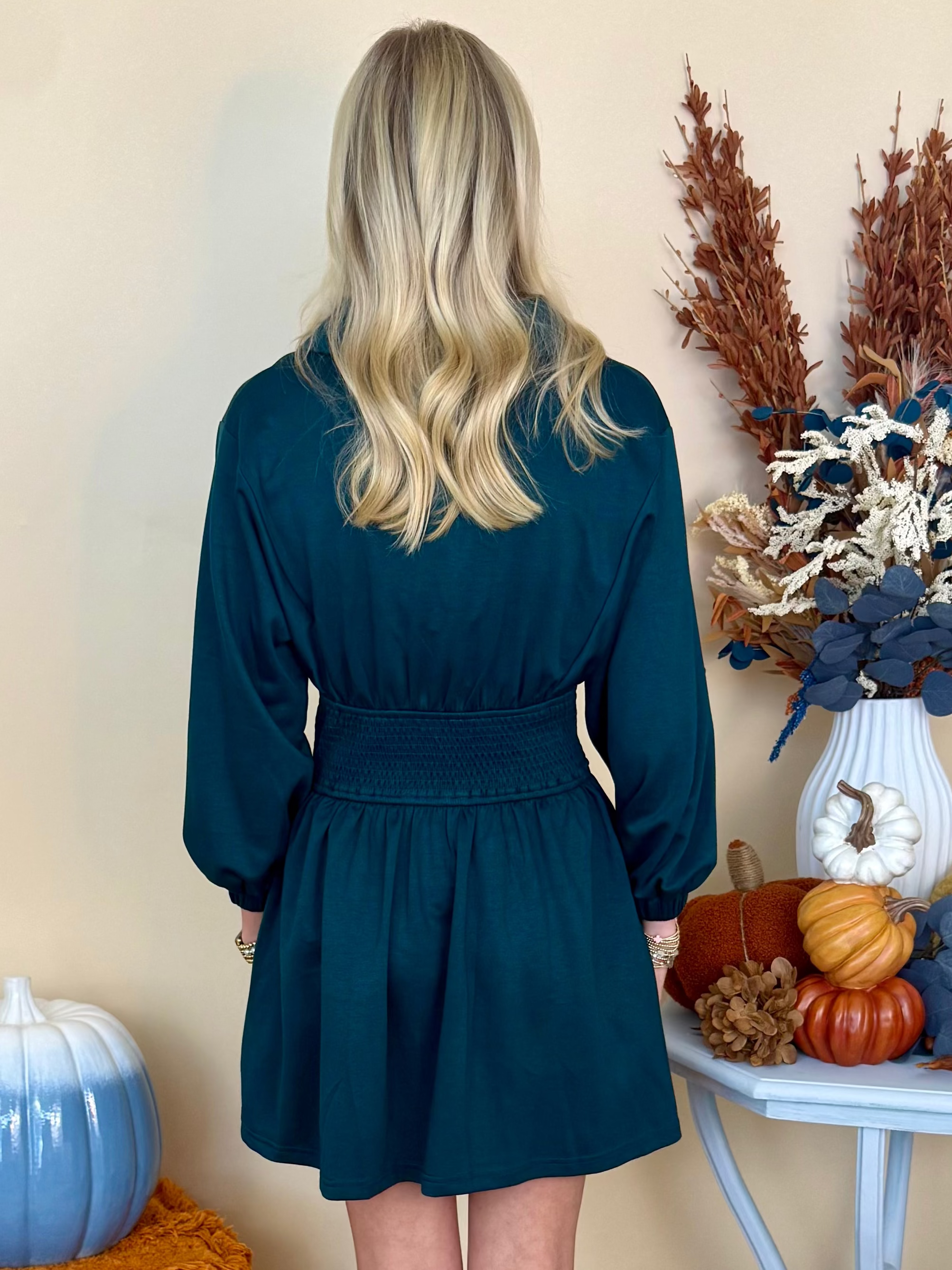 Rainy Days Teal Mohme Front Zip Smocked Dress-Shop-Womens-Boutique-Clothing