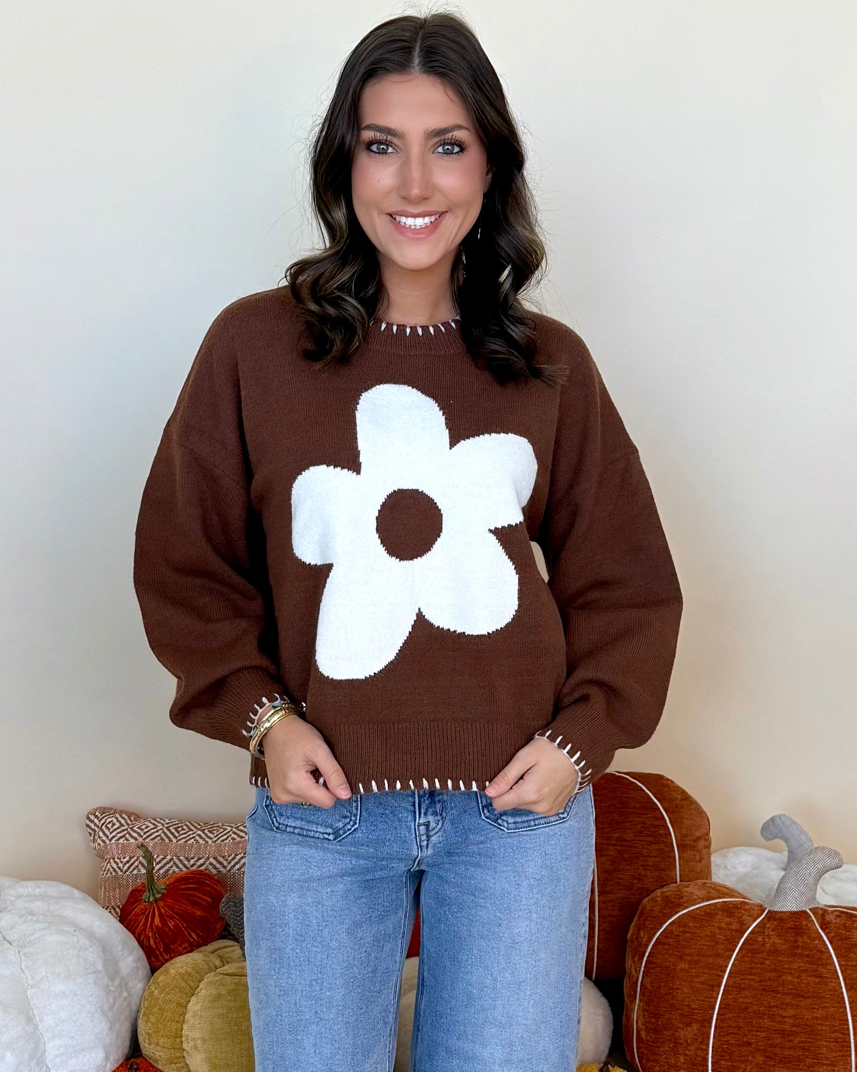 Let's Debrief Brown Flower Stitch Sweater-Shop-Womens-Boutique-Clothing