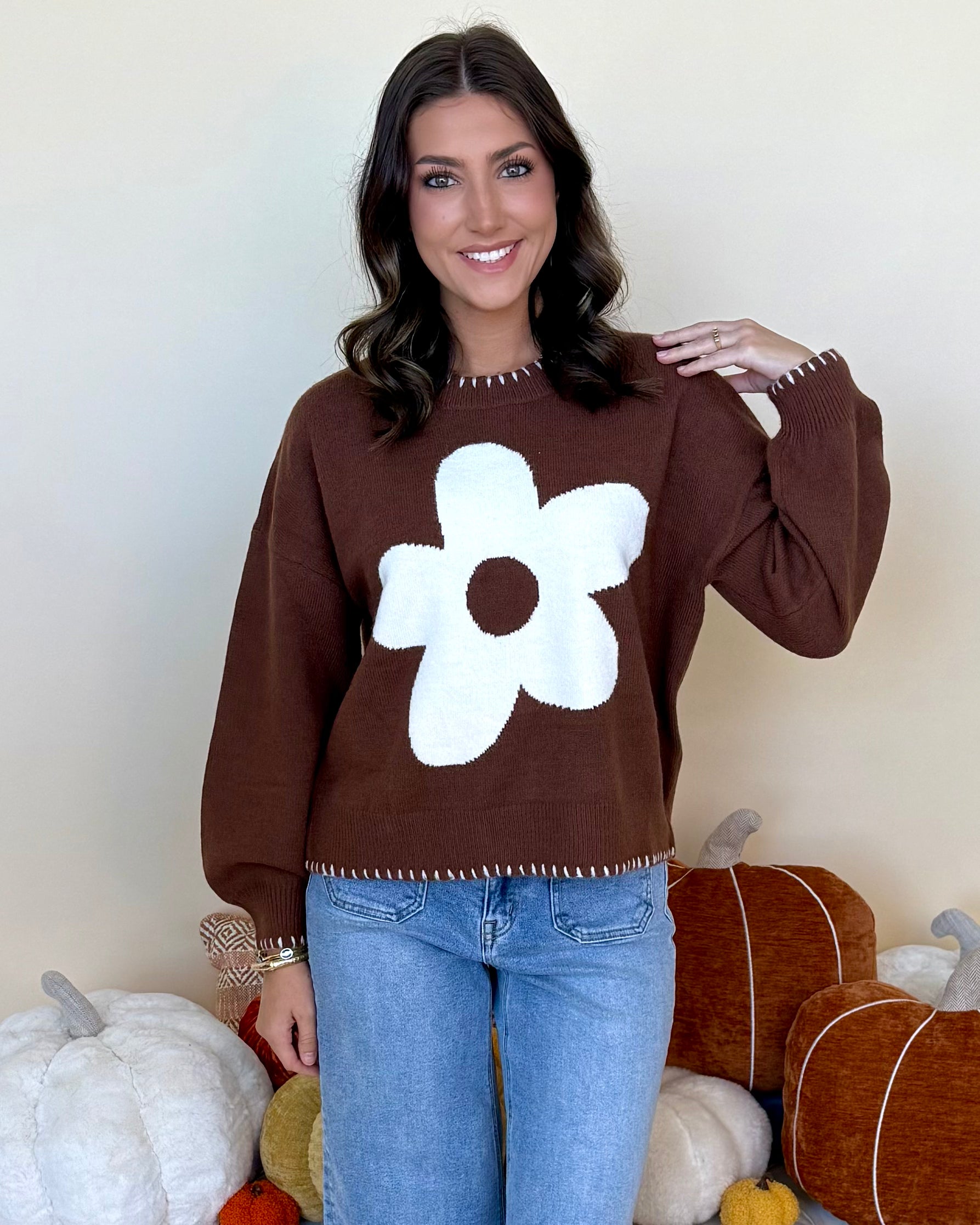 Let's Debrief Brown Flower Stitch Sweater-Shop-Womens-Boutique-Clothing