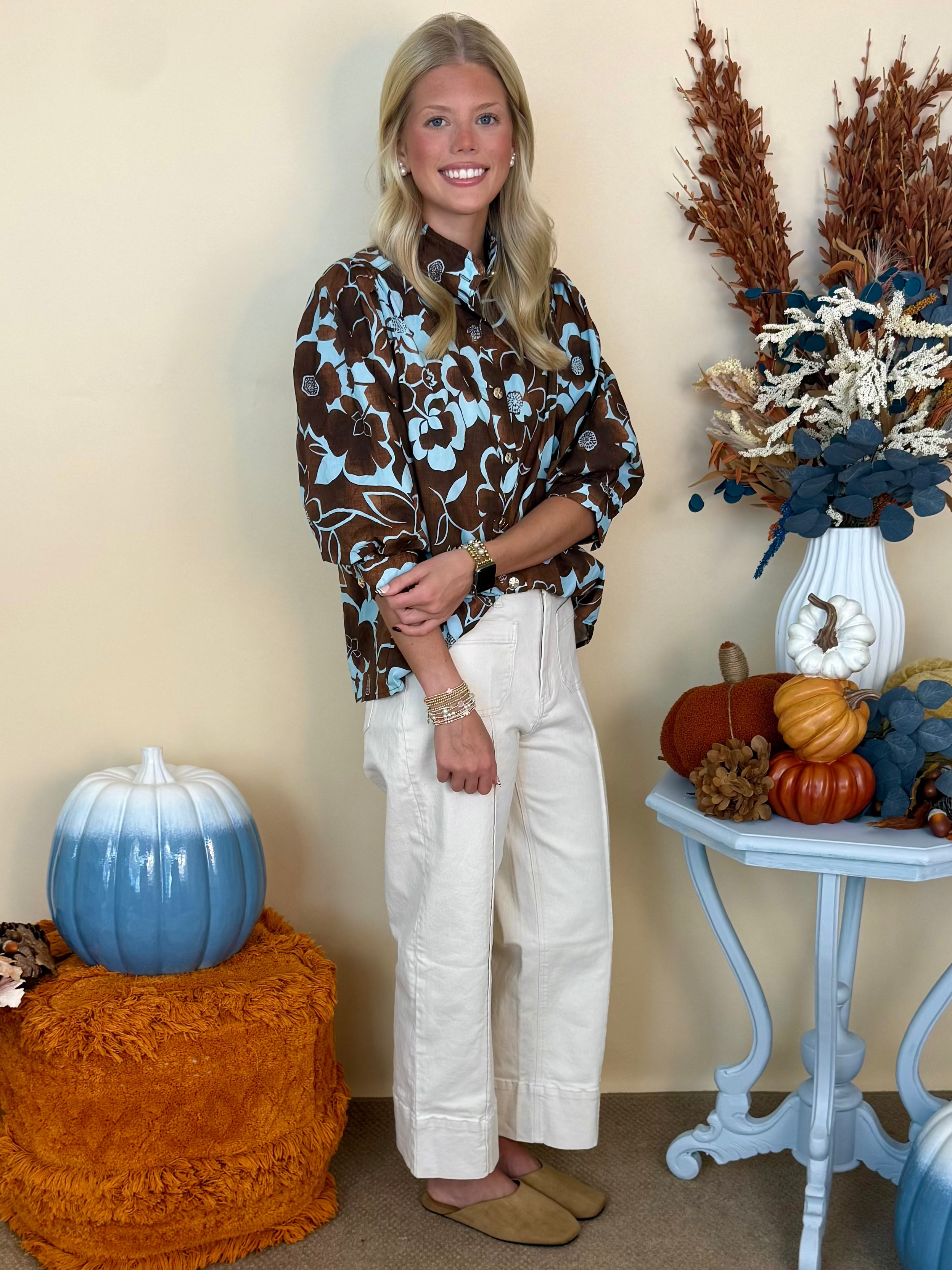 Sunday Reset Brown/Blue Floral Button Down Top-Shop-Womens-Boutique-Clothing