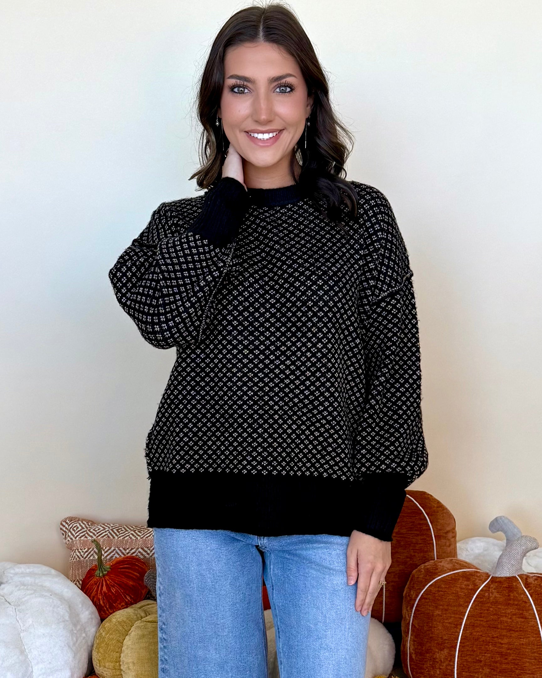 Feels Just Right Black Jacquard Sweater-Shop-Womens-Boutique-Clothing