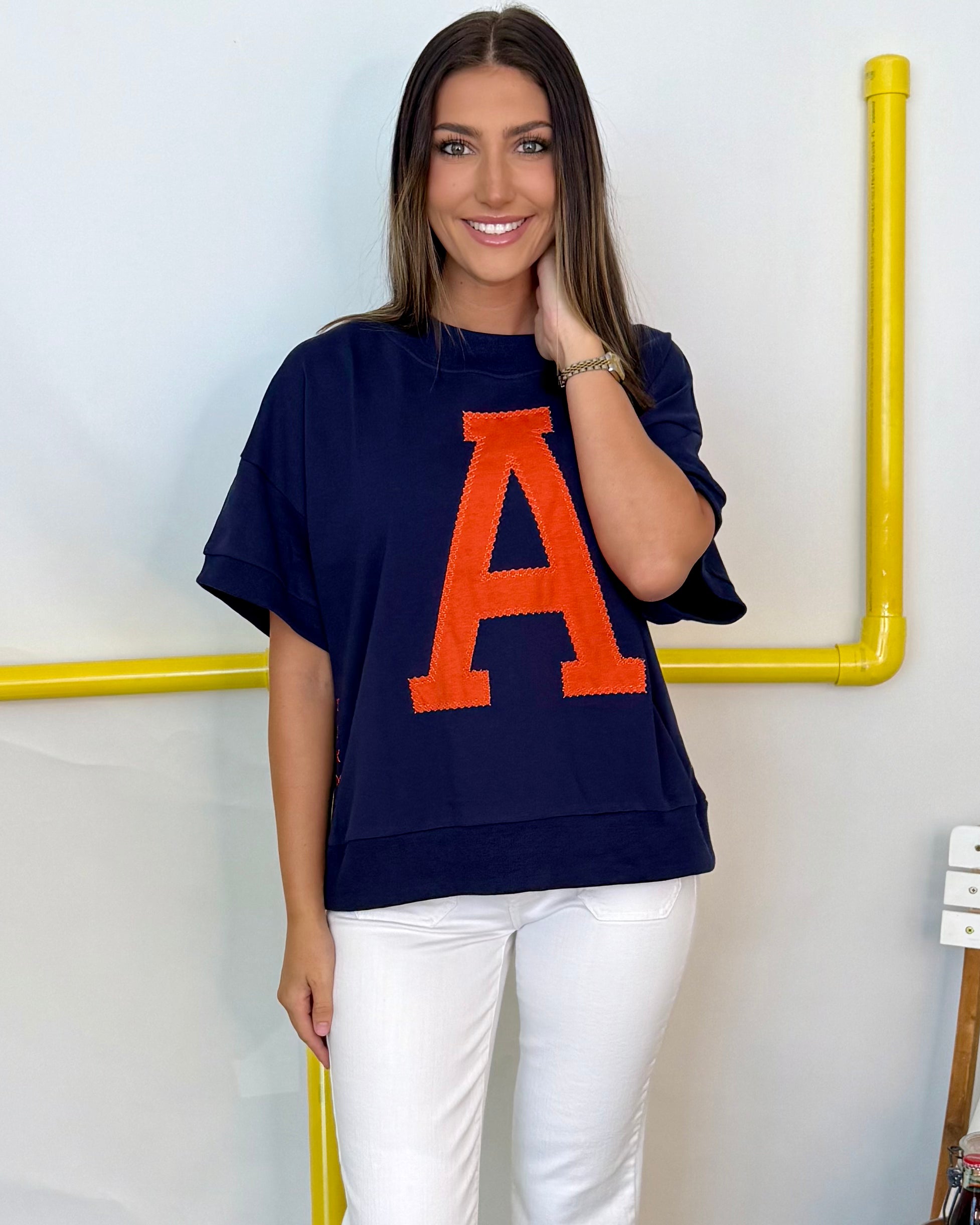 Taking Turns Navy Embroidery A Sweatshirt-Shop-Womens-Boutique-Clothing