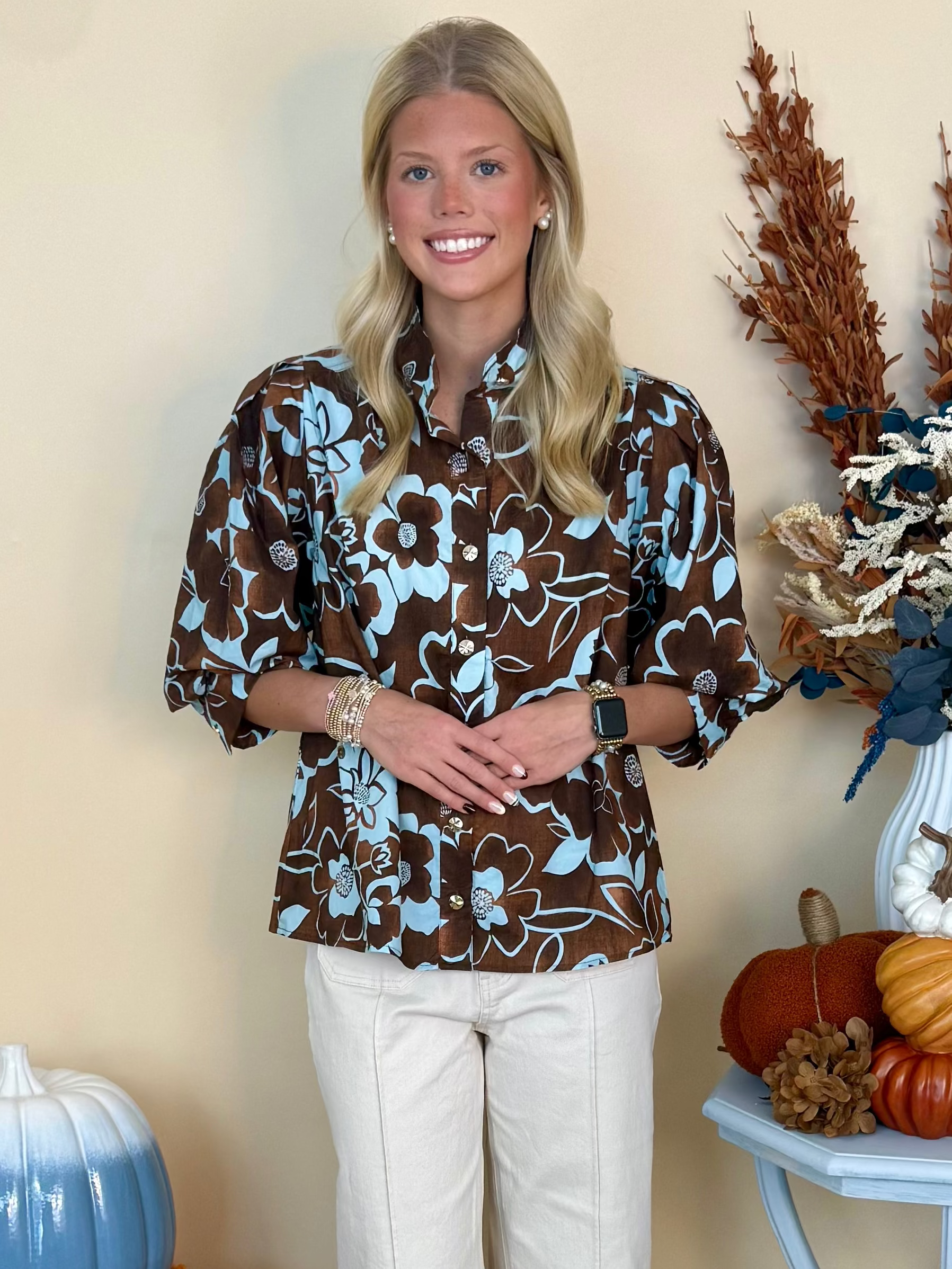 Sunday Reset Brown/Blue Floral Button Down Top-Shop-Womens-Boutique-Clothing