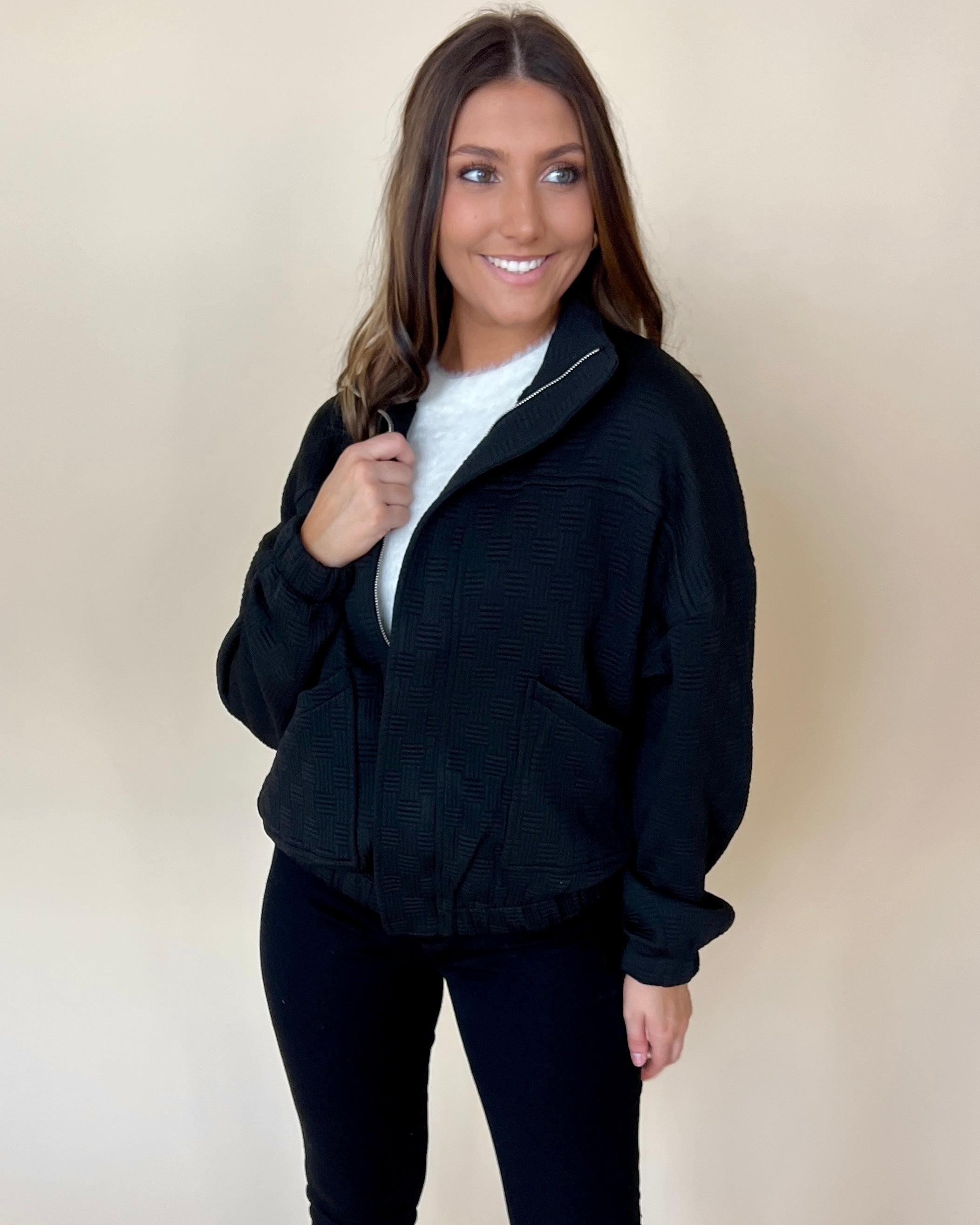 Mostly Amused Black Texture Zip Up Jacket-Shop-Womens-Boutique-Clothing