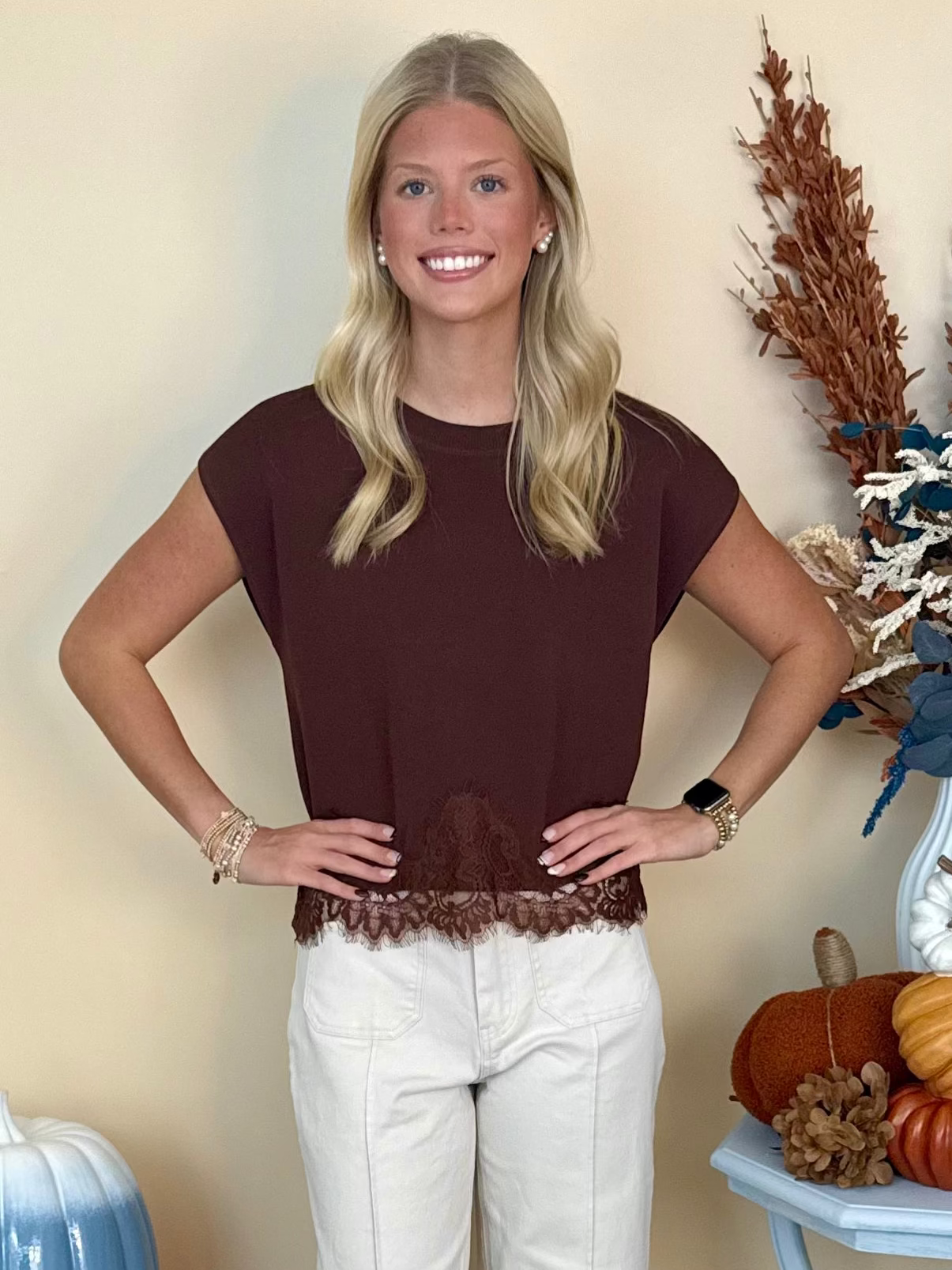 Boho Bliss Brown Lace Trim Sleeveless Sweater-Shop-Womens-Boutique-Clothing