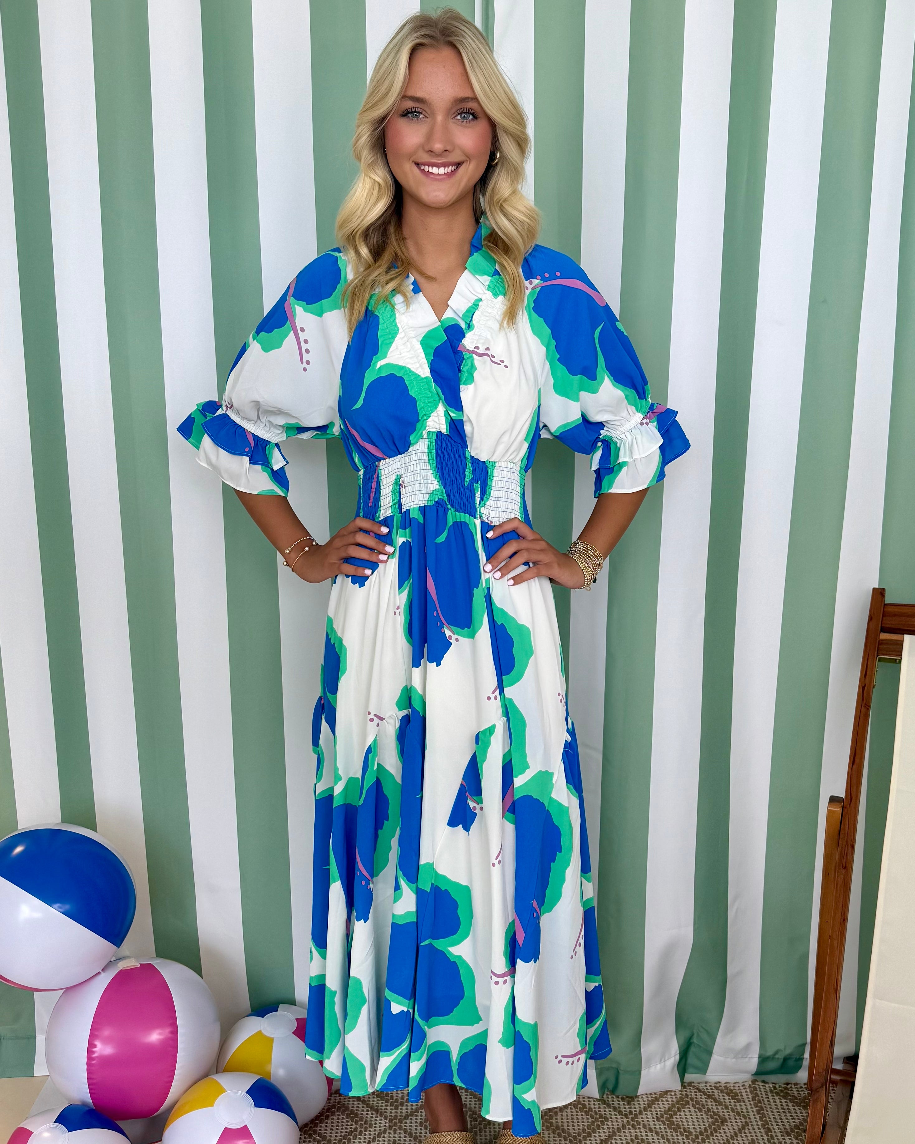 Lush Blooms Blue/Mint Smocked Midi Dress-Shop-Womens-Boutique-Clothing